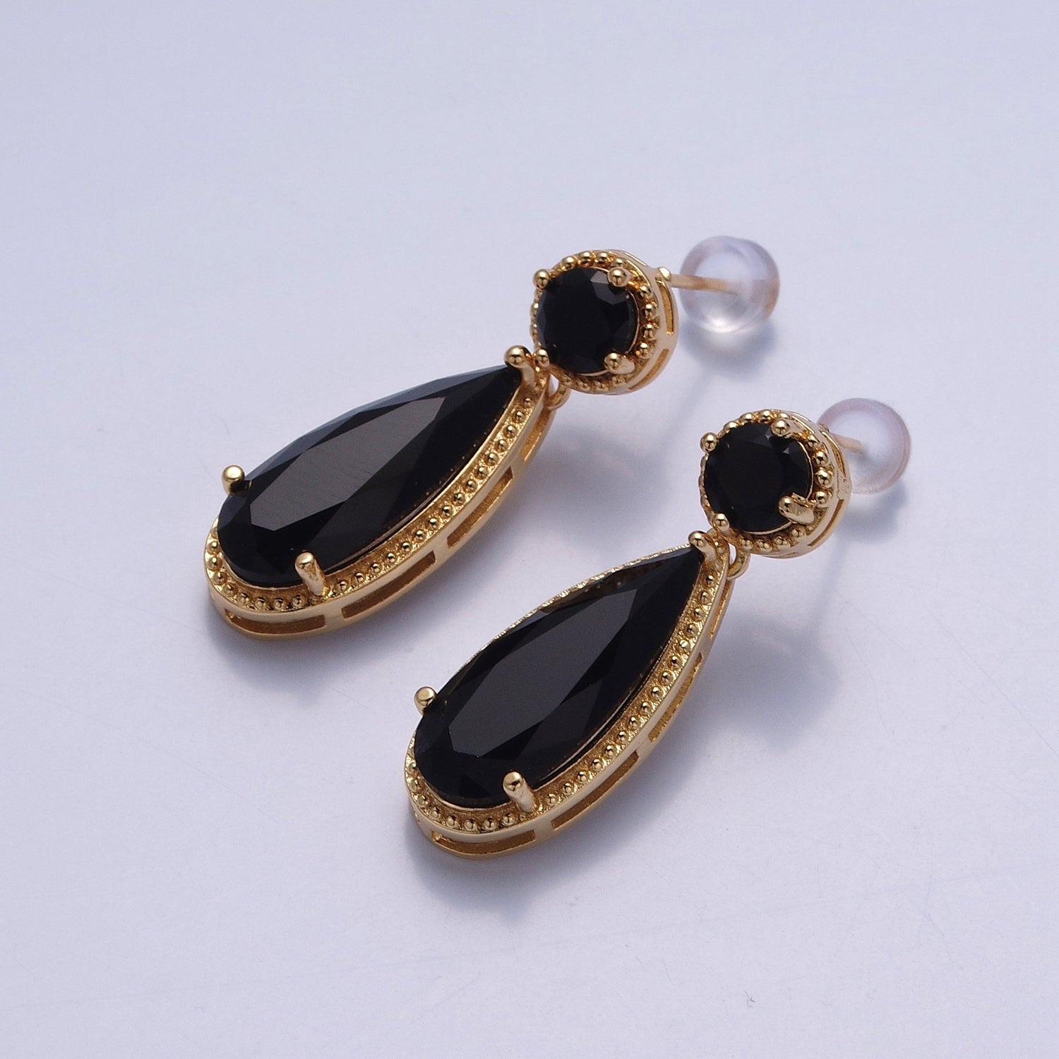 24K Gold Filled Cubic Zirconia Teardrop Stud Earrings with Round CZ Post V402 - DLUXCA