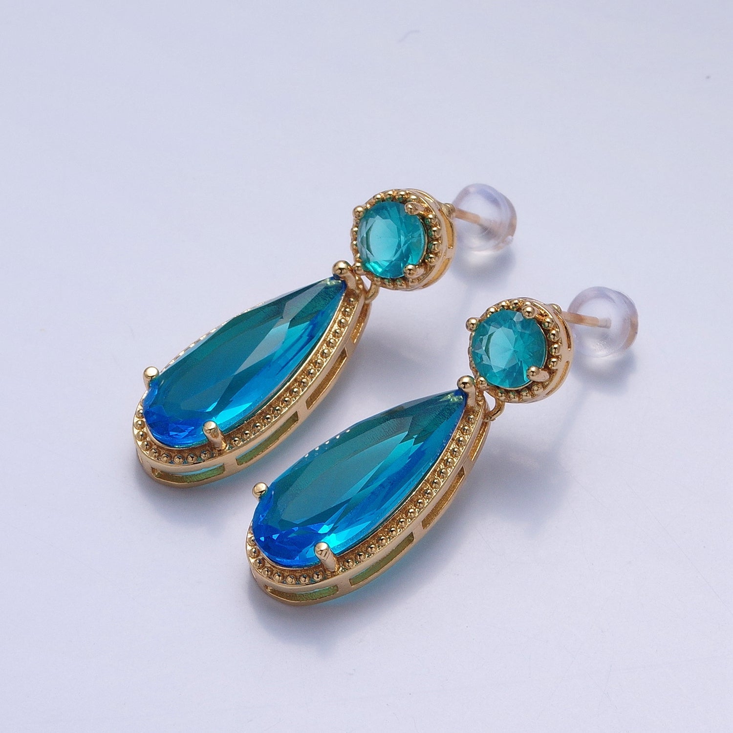 24K Gold Filled Cubic Zirconia Teardrop Stud Earrings with Round CZ Post V402 - DLUXCA