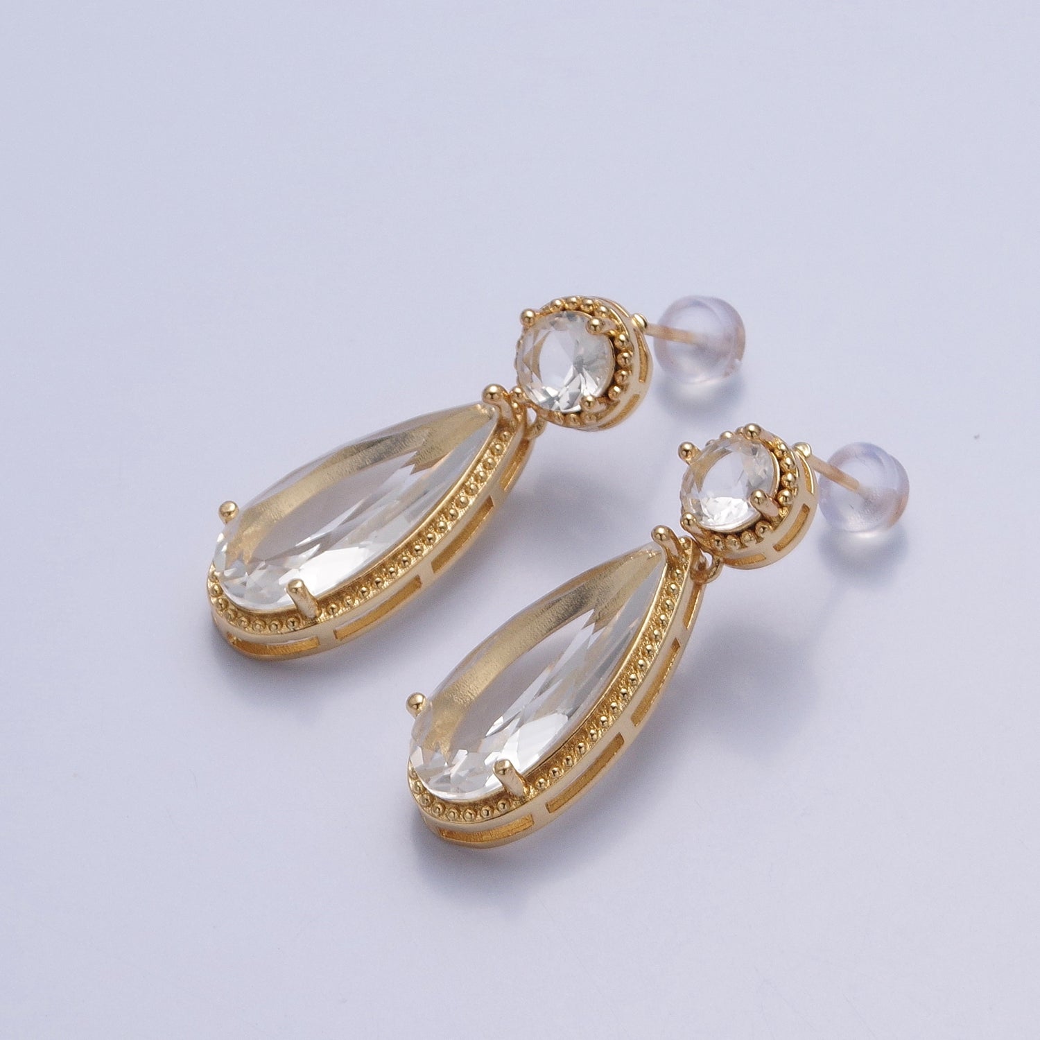24K Gold Filled Cubic Zirconia Teardrop Stud Earrings with Round CZ Post V402 - DLUXCA