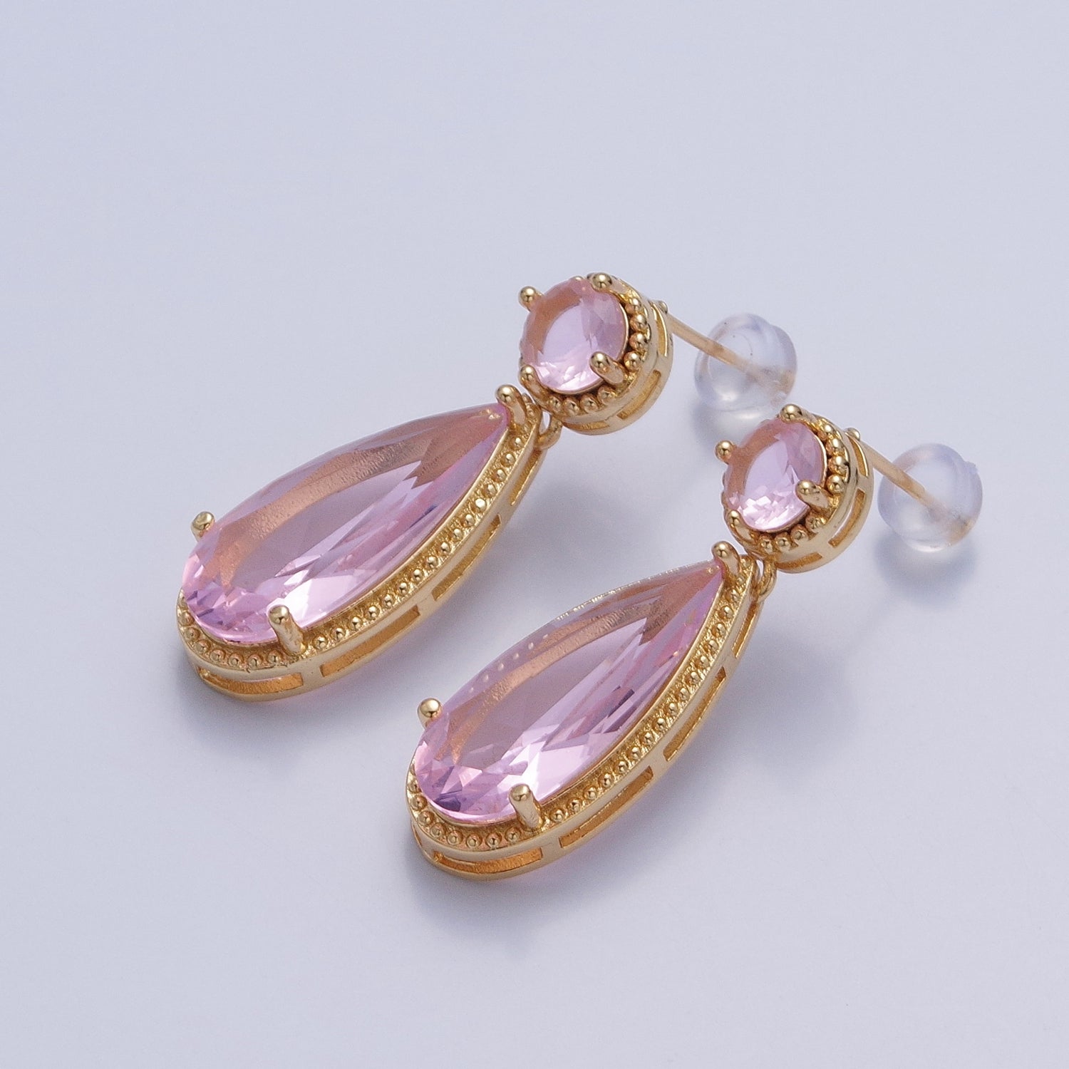 24K Gold Filled Cubic Zirconia Teardrop Stud Earrings with Round CZ Post V402 - DLUXCA