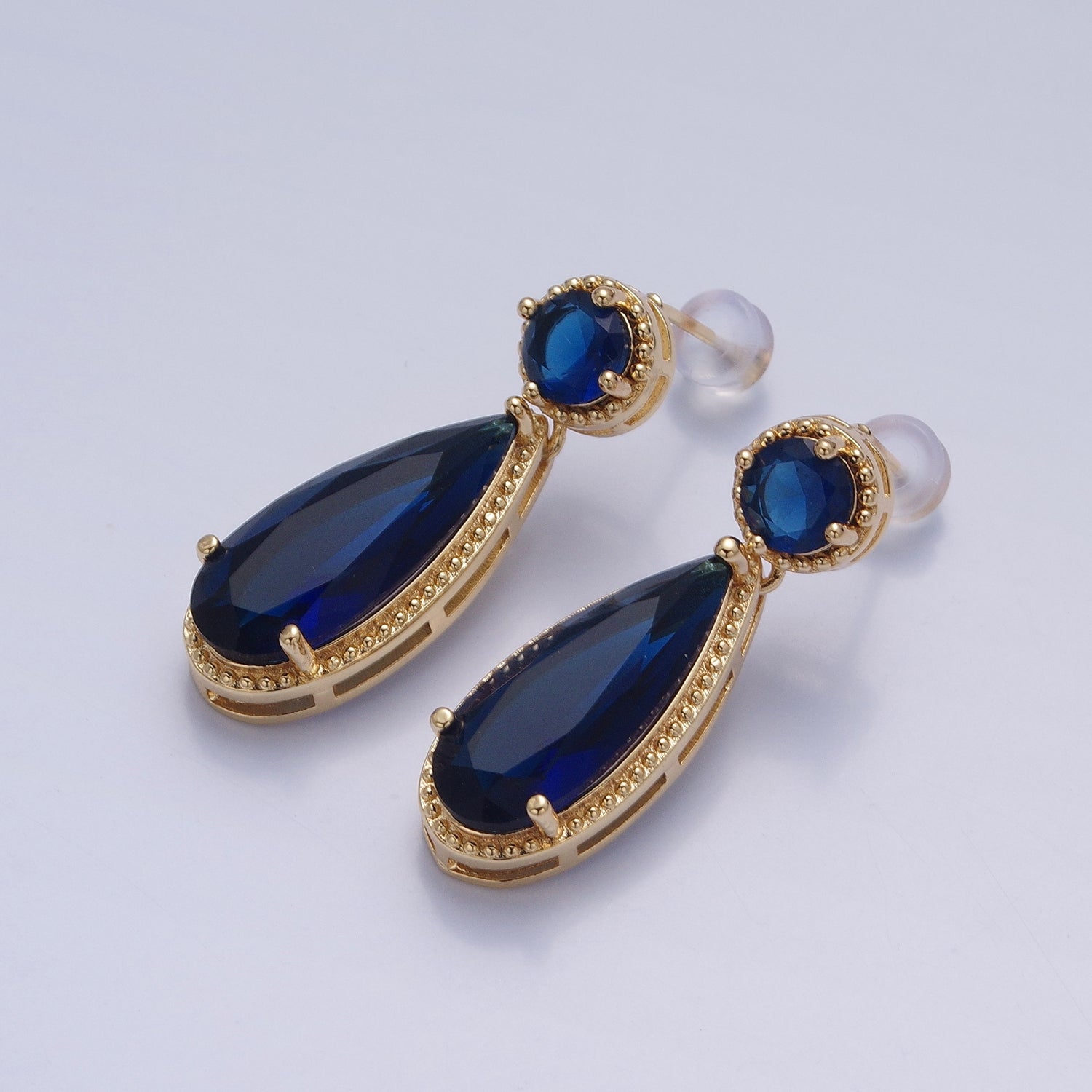24K Gold Filled Cubic Zirconia Teardrop Stud Earrings with Round CZ Post V402 - DLUXCA