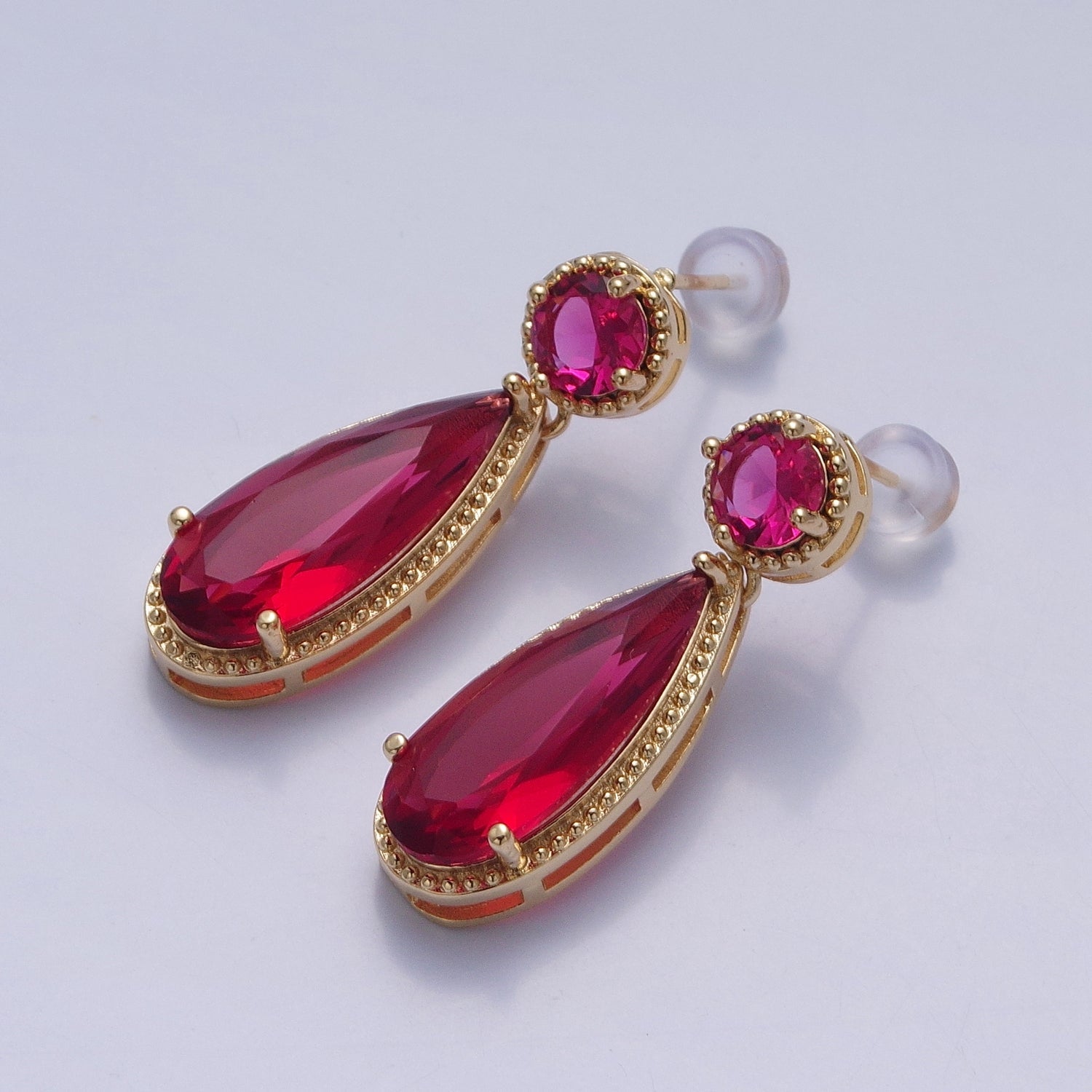 24K Gold Filled Cubic Zirconia Teardrop Stud Earrings with Round CZ Post V402 - DLUXCA