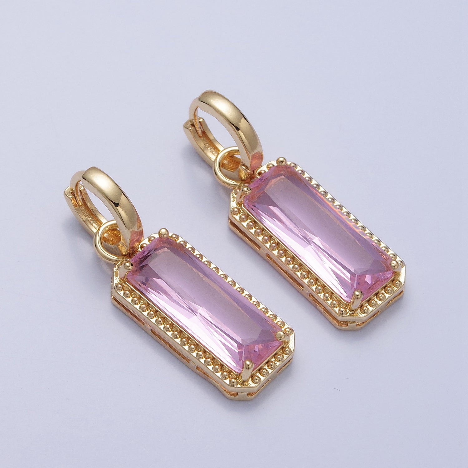 24K Gold Filled Baguette Huggie Hoop, Multicolor CZ Gold Beaded Charm Earrings V410-V418 - DLUXCA