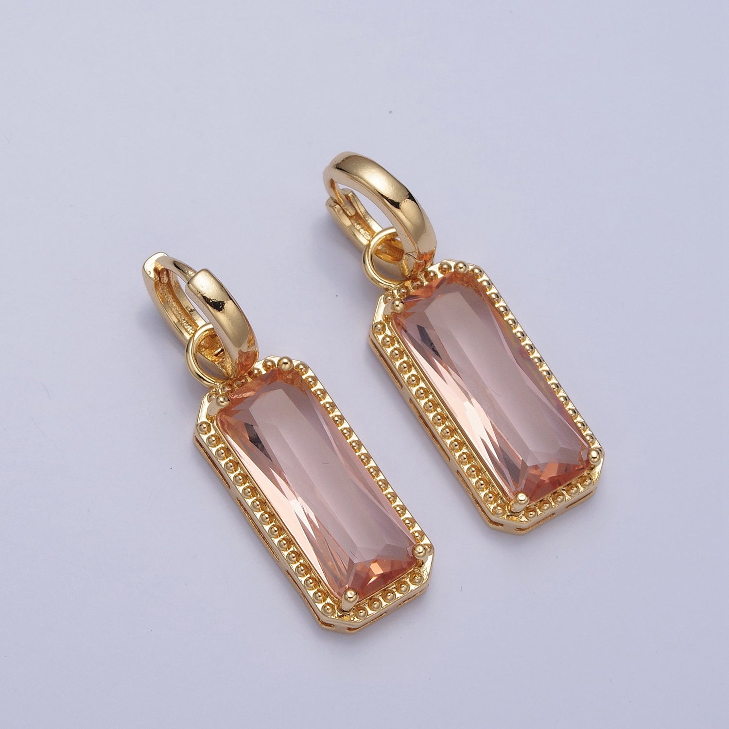 24K Gold Filled Baguette Huggie Hoop, Multicolor CZ Gold Beaded Charm Earrings V410-V418 - DLUXCA
