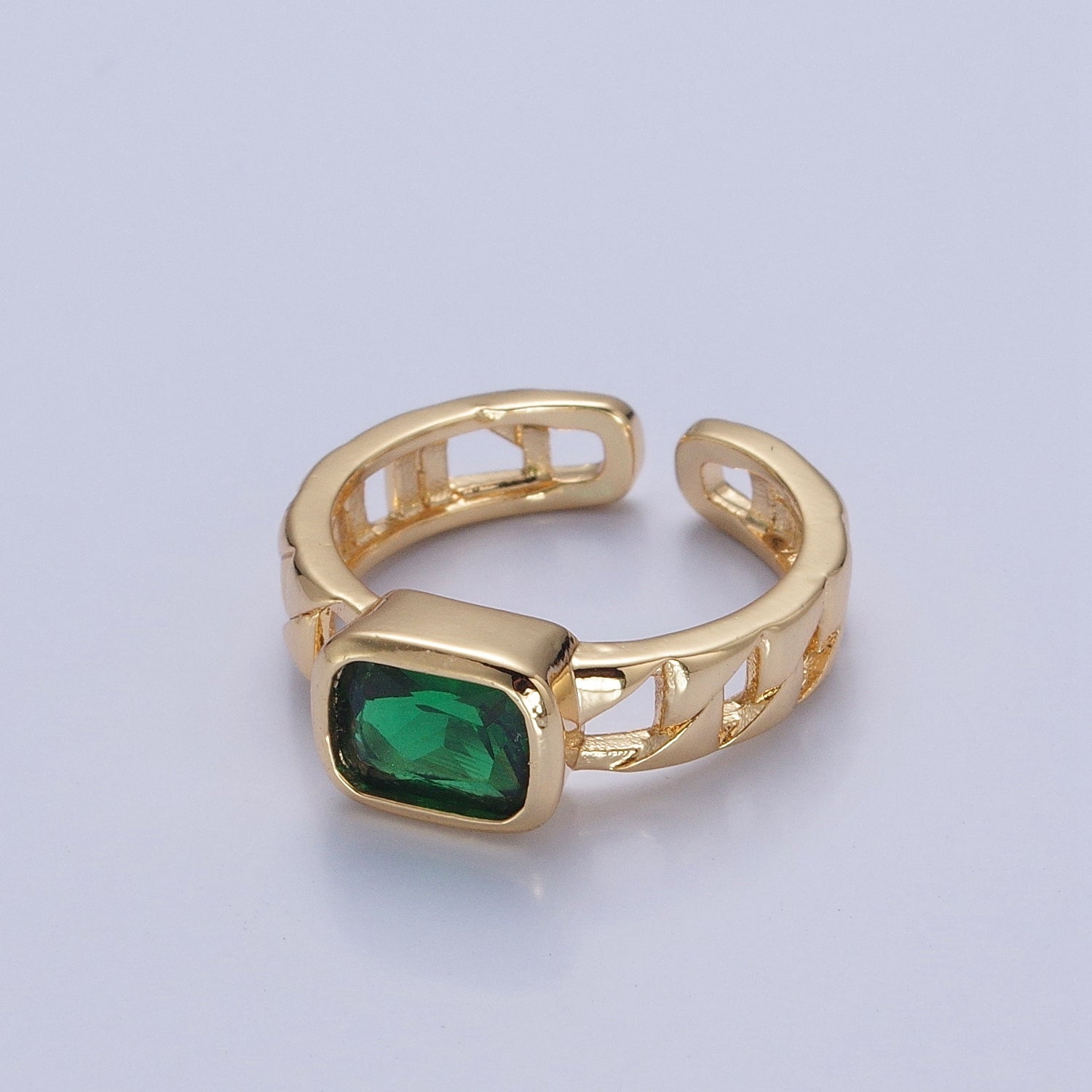 24K Gold Filled Green Baguette CZ with Chain Link Band V451 - DLUXCA