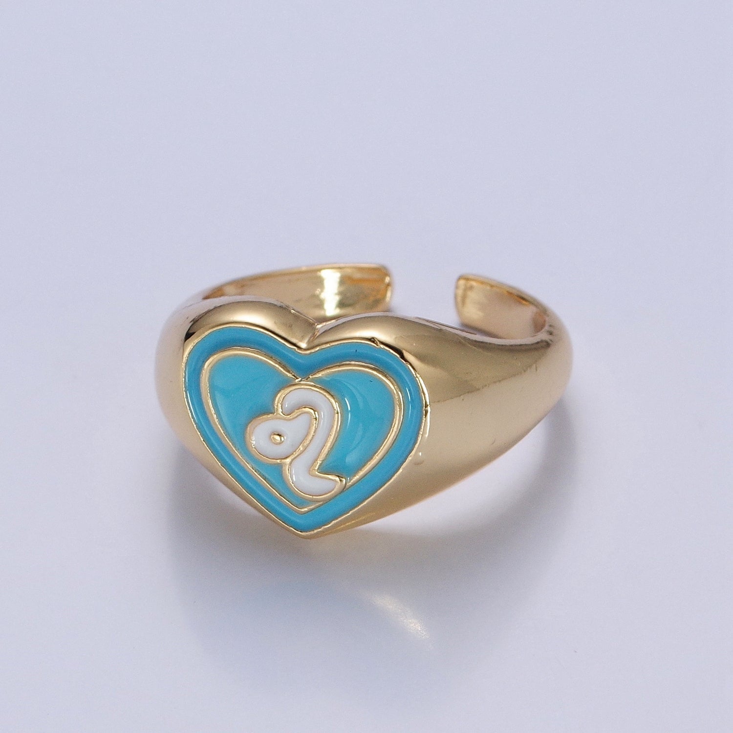 Blue Heart Signet Adjustable Ring White Snake Ring V-471 - DLUXCA