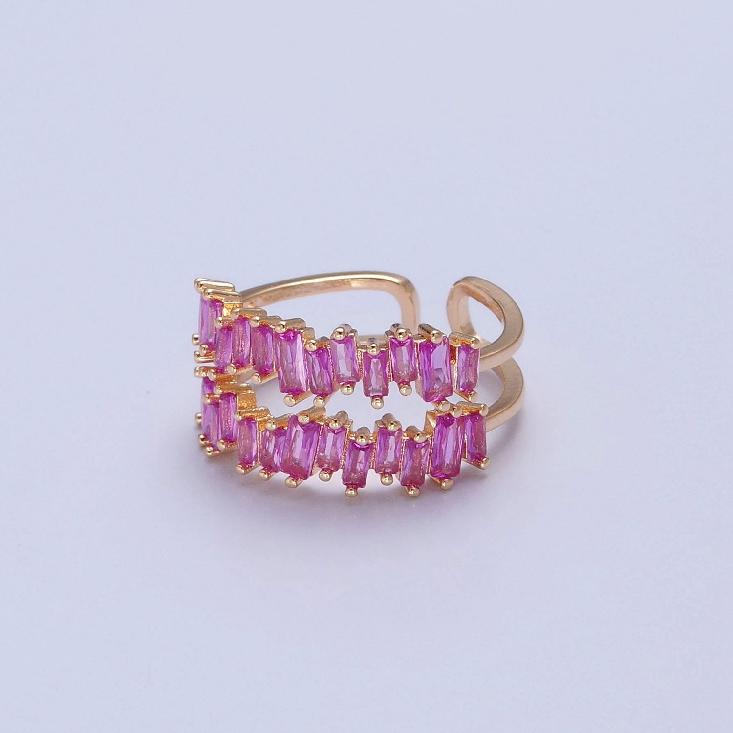 Double Band Pink Baguette Ring Open Adjustable Ring V-491 - DLUXCA