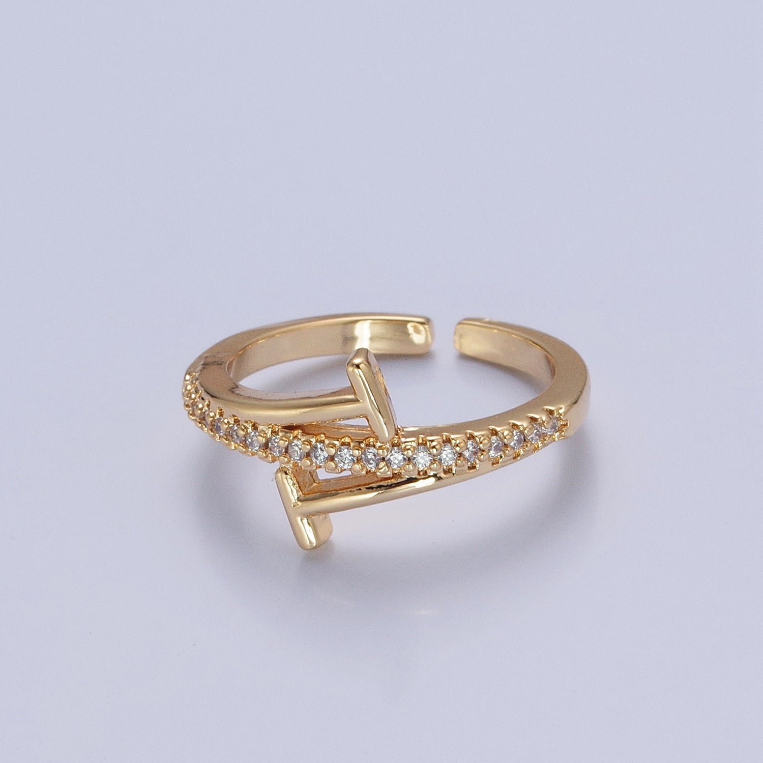 Minimalist 24K Gold Filled Micro Pave CZ Open T Ring in Silver & Gold V-525 V-526 - DLUXCA