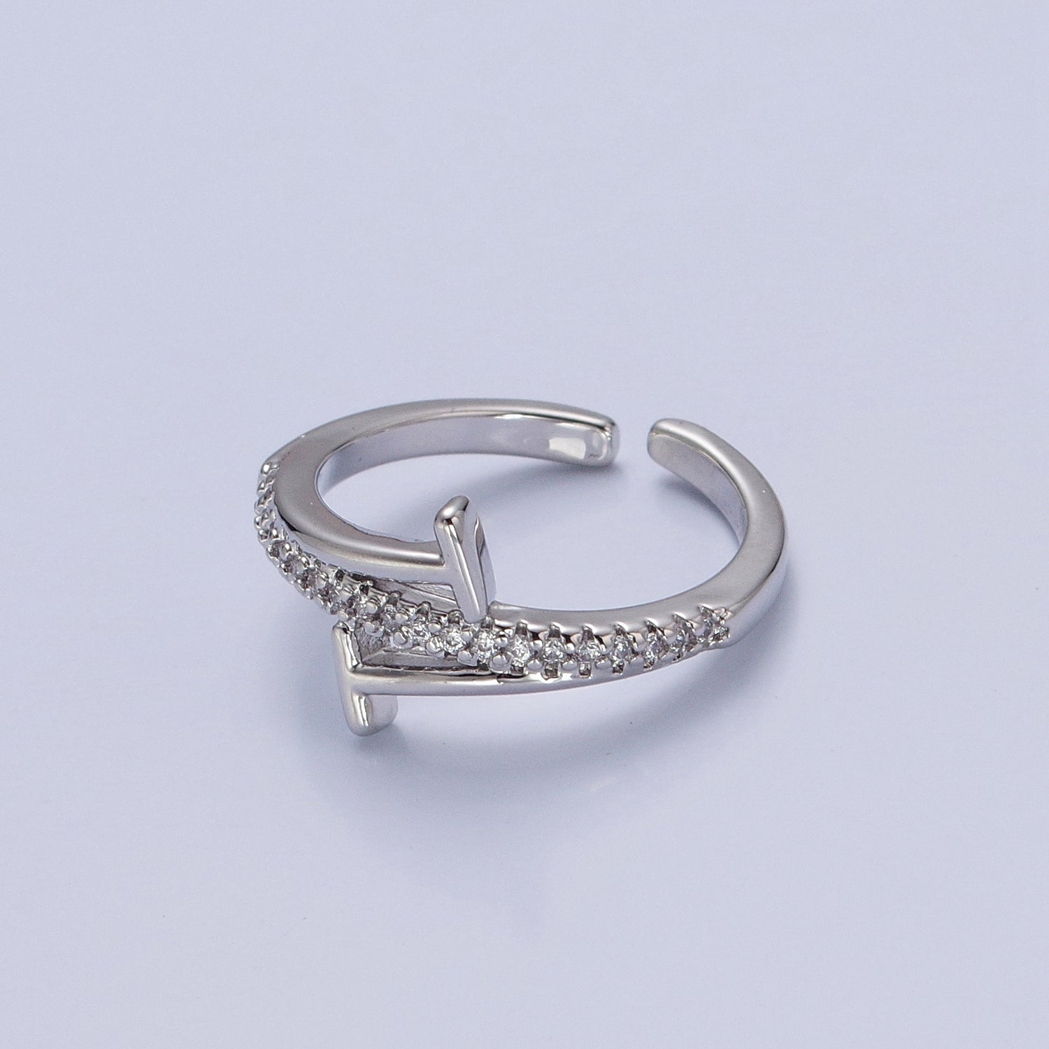 Minimalist 24K Gold Filled Micro Pave CZ Open T Ring in Silver & Gold V-525 V-526 - DLUXCA