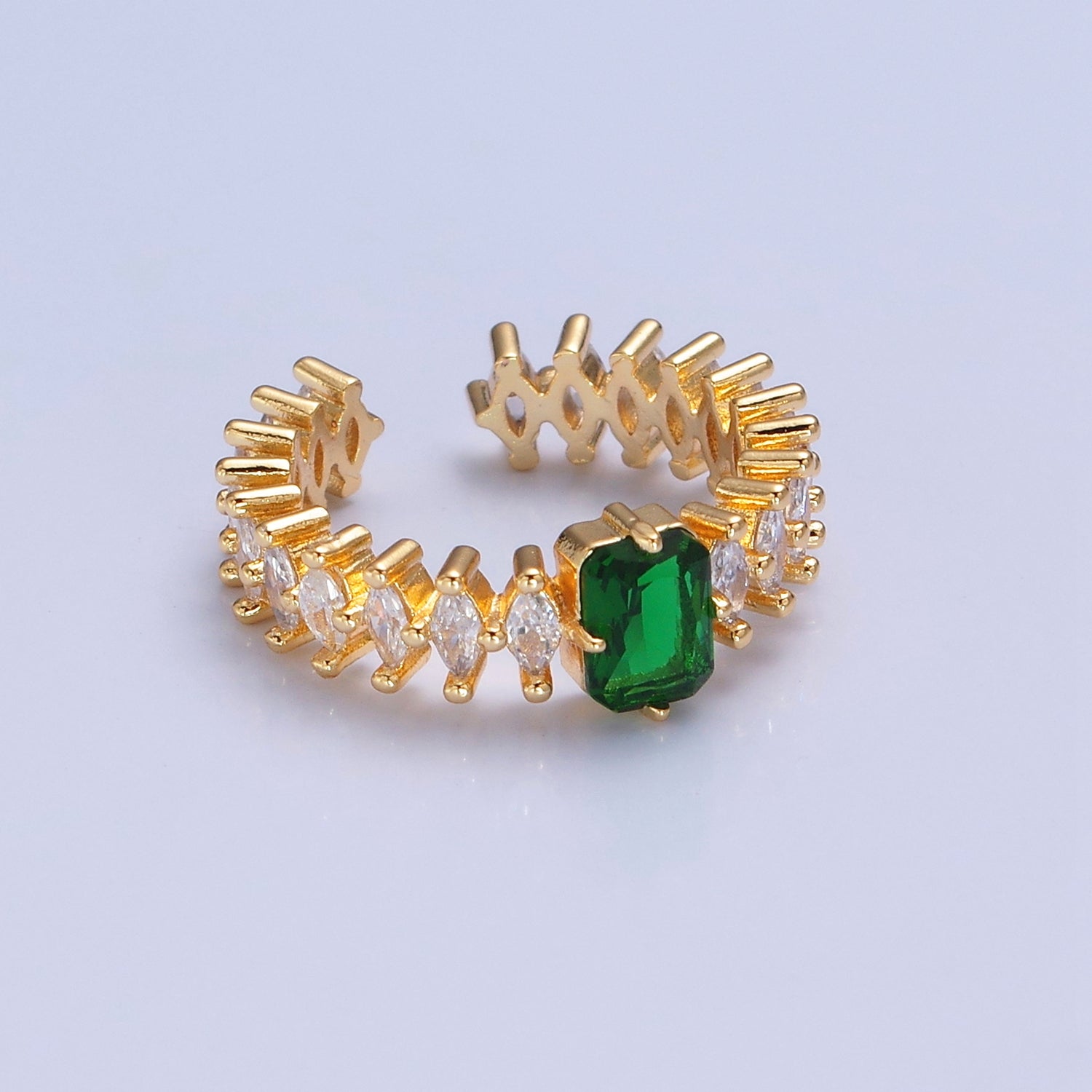 24K Gold Filled Emerald Green Baguette Ring with Clear Marquise Band,  Cubic Zirconia CZ Promise Ring, V529 - DLUXCA