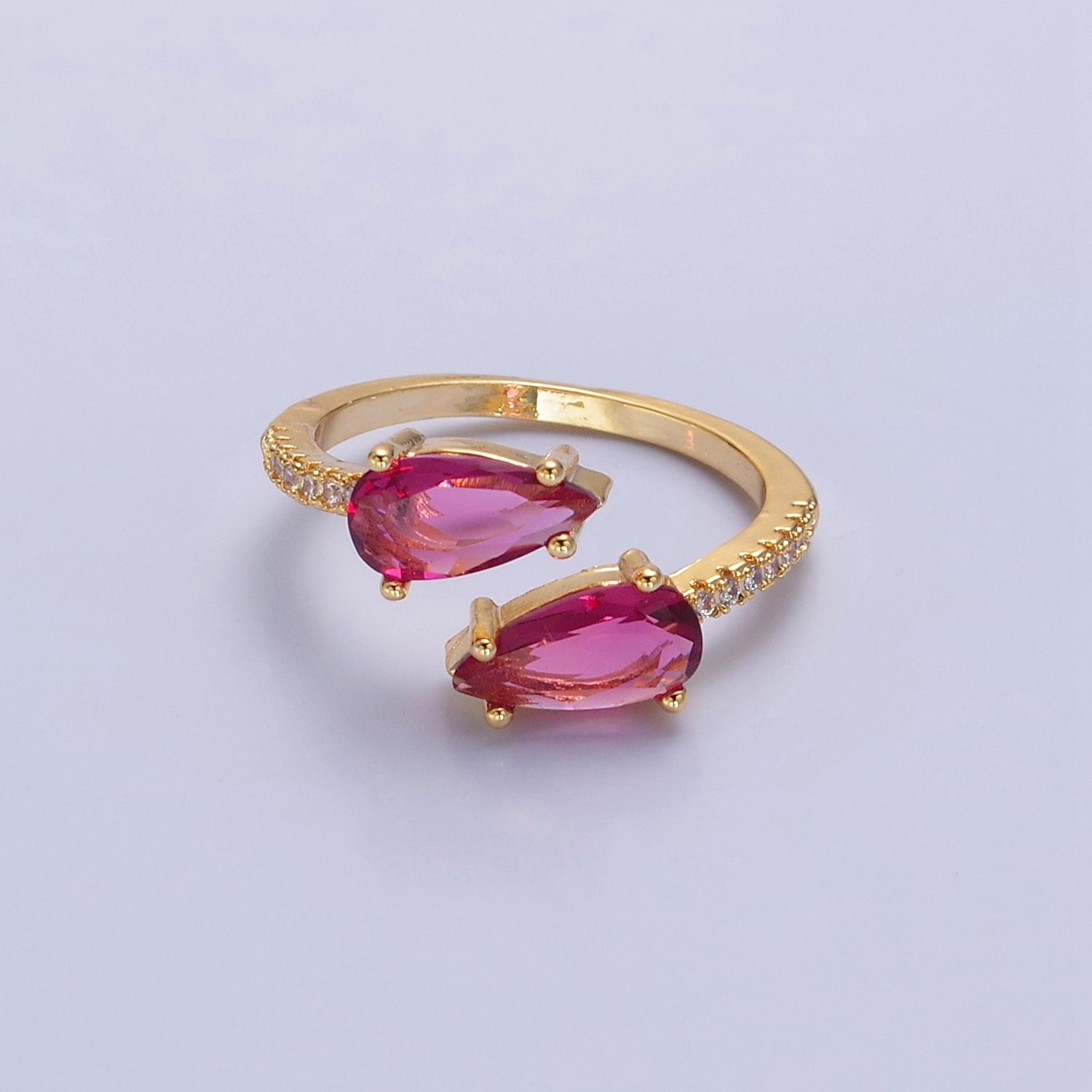 24K Gold Filled Teardrop CZ Ring, Green / Fuchsia Cubic Zirconia Open Ring with Clear Micro Pave Band, V530 V531 - DLUXCA