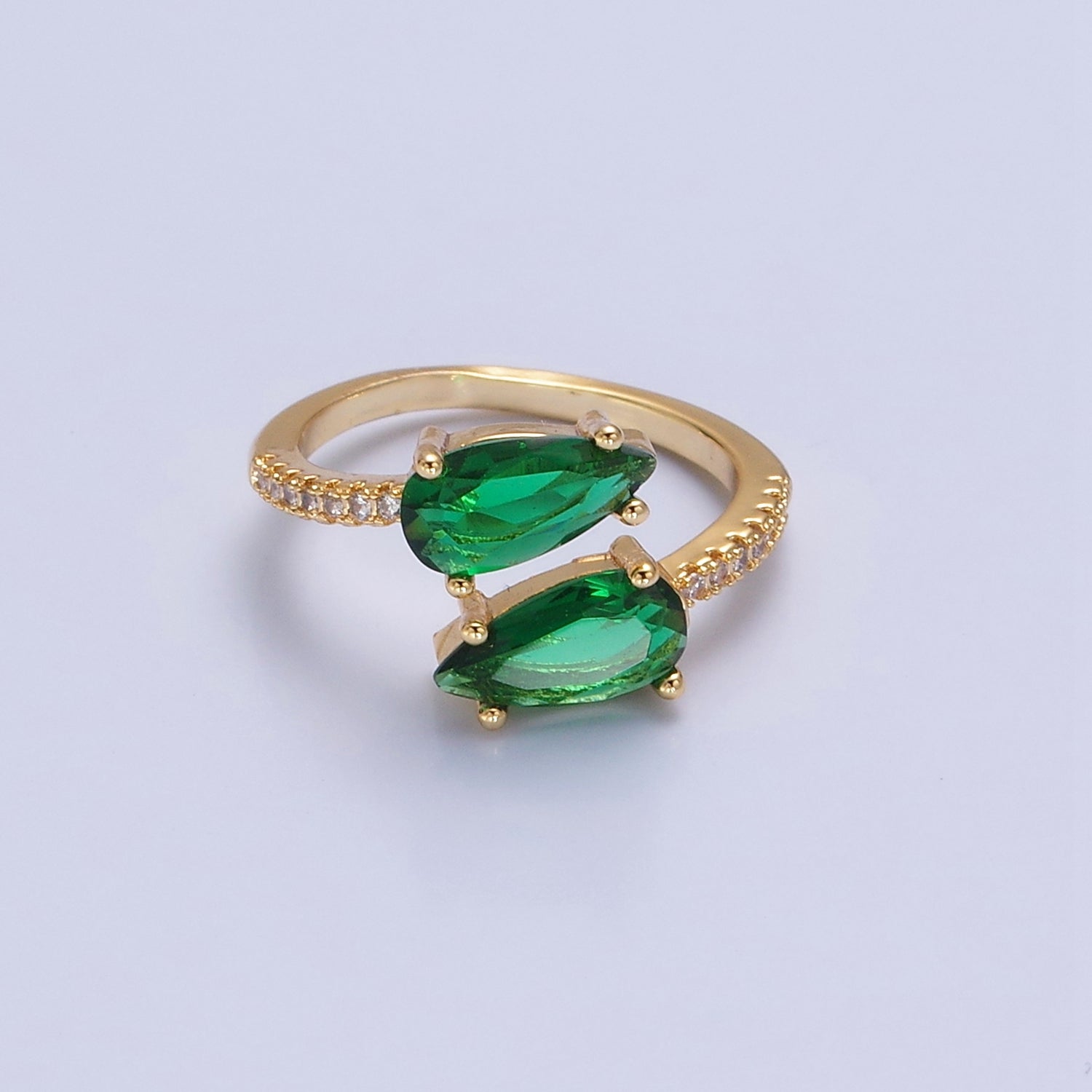 24K Gold Filled Teardrop CZ Ring, Green / Fuchsia Cubic Zirconia Open Ring with Clear Micro Pave Band, V530 V531 - DLUXCA