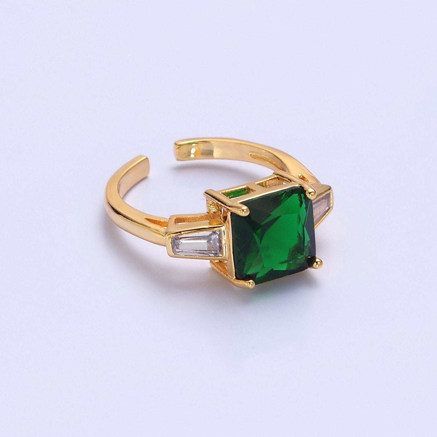 24K Gold Filled Emerald Promise Ring, Green & Clear Baguette Cubic Zirconia CZ Ring V-534 - DLUXCA