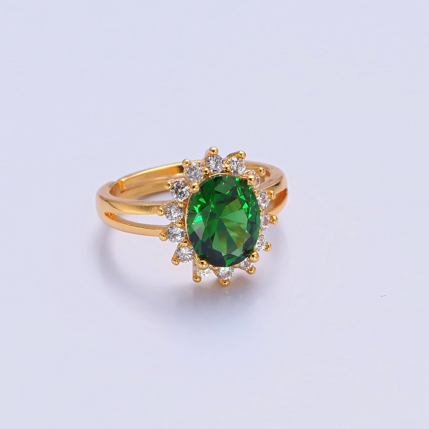 24K Gold Filled Celestial Sun Ring with Oval Emerald Green Cubic Zirconia CZ V-540 - DLUXCA