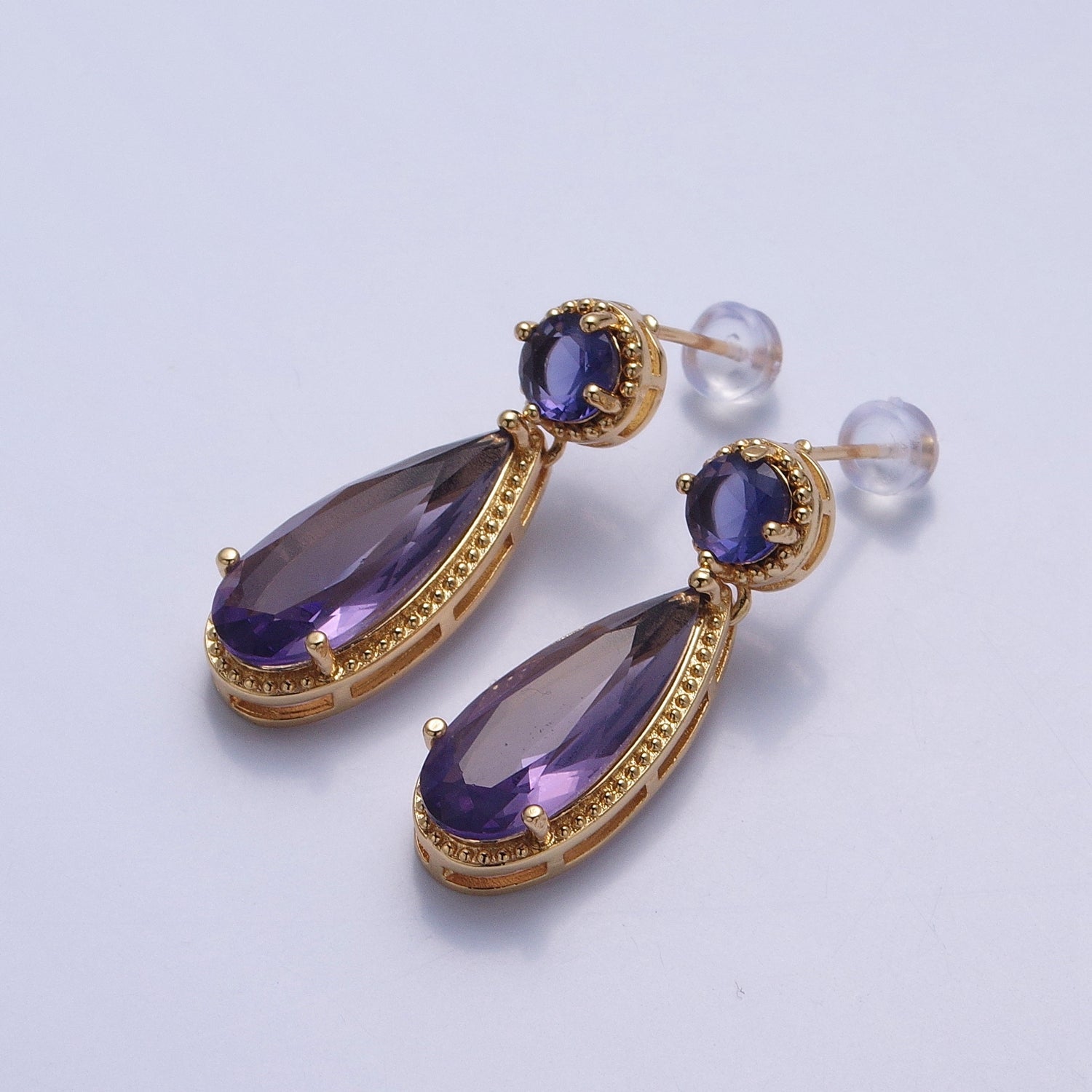 24K Gold Filled Cubic Zirconia Teardrop Stud Earrings with Round CZ Post V402 - DLUXCA