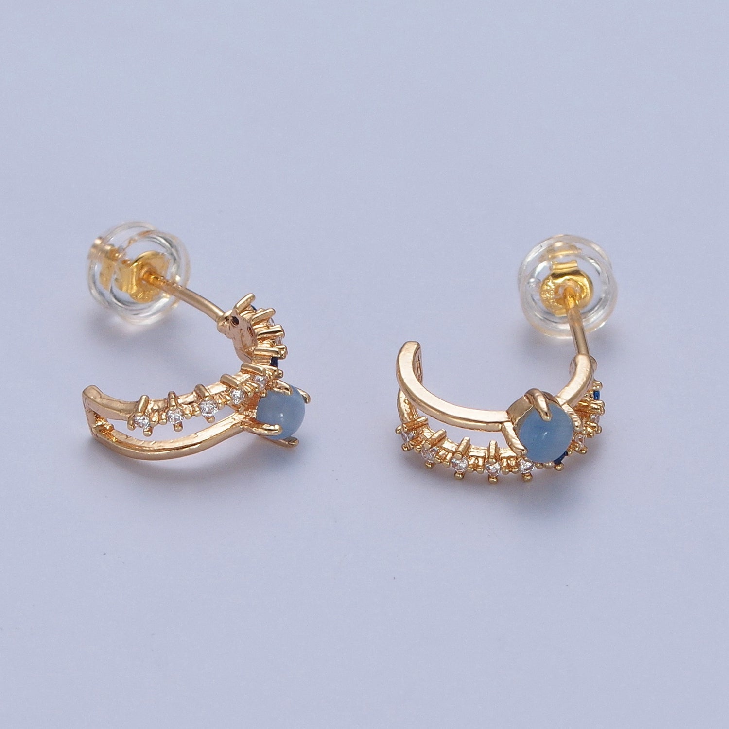 Dainty Double Band 24K Gold Filled Micro Pave Blue Clear Cubic Zirconia Stud Earrings W698 - DLUXCA