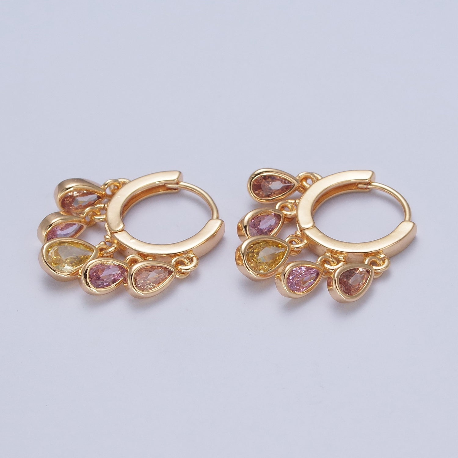 Duo Peach & Pink Cubic Zirconia Teardrop Charm Dangle Earrings Huggie Hoop W708 - DLUXCA