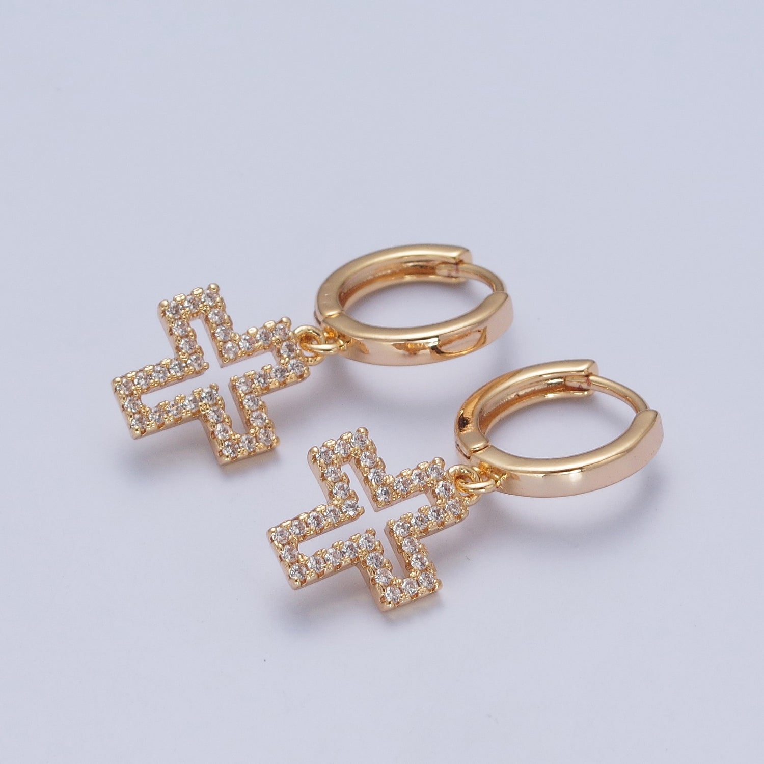 24K Gold Filled Micro Pave Cubic Zirconia Religious Cross Charm Dangle Huggie Hoop Earrings W716 - DLUXCA
