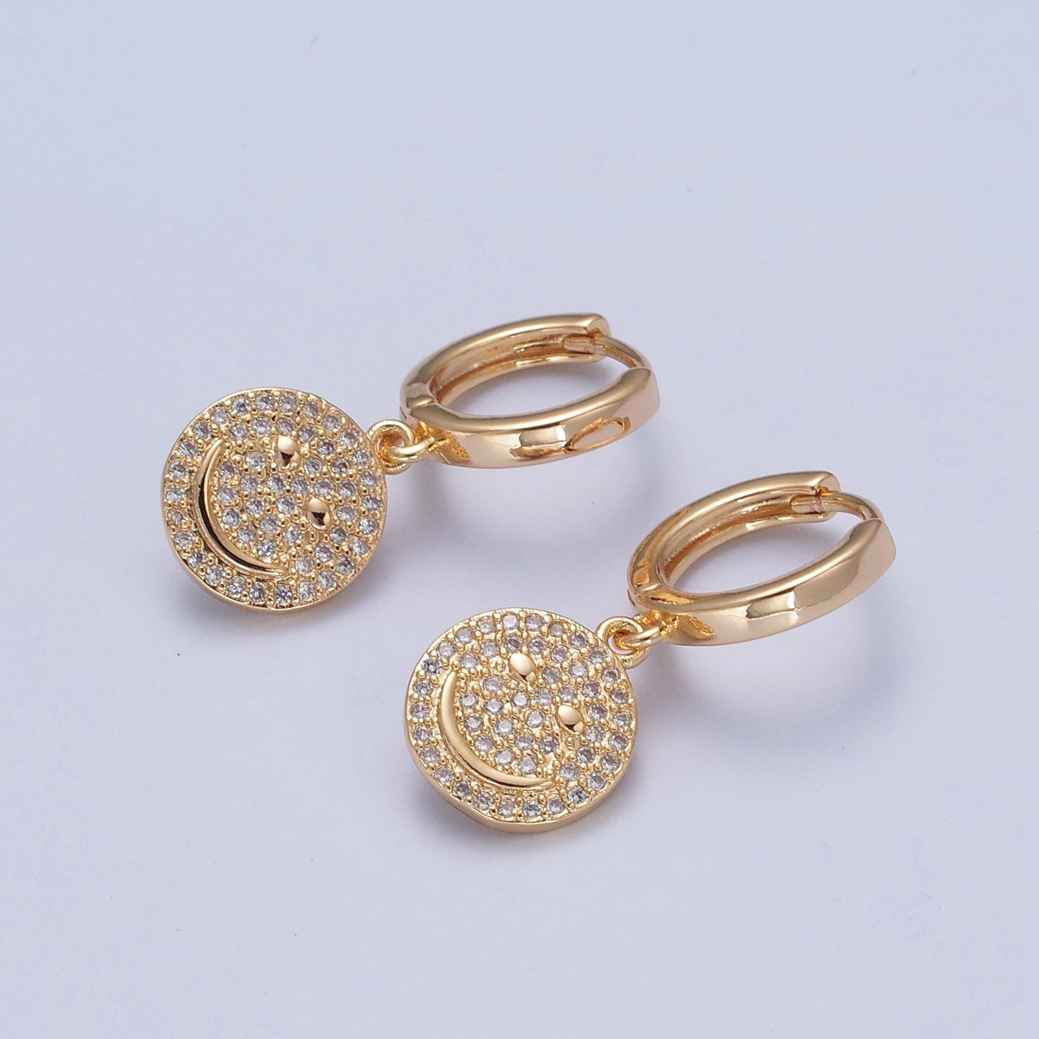 24K Gold Filled Micro Pave Cubic Zirconia Smiley Face Charm Dangle Drop Earrings W720 - DLUXCA