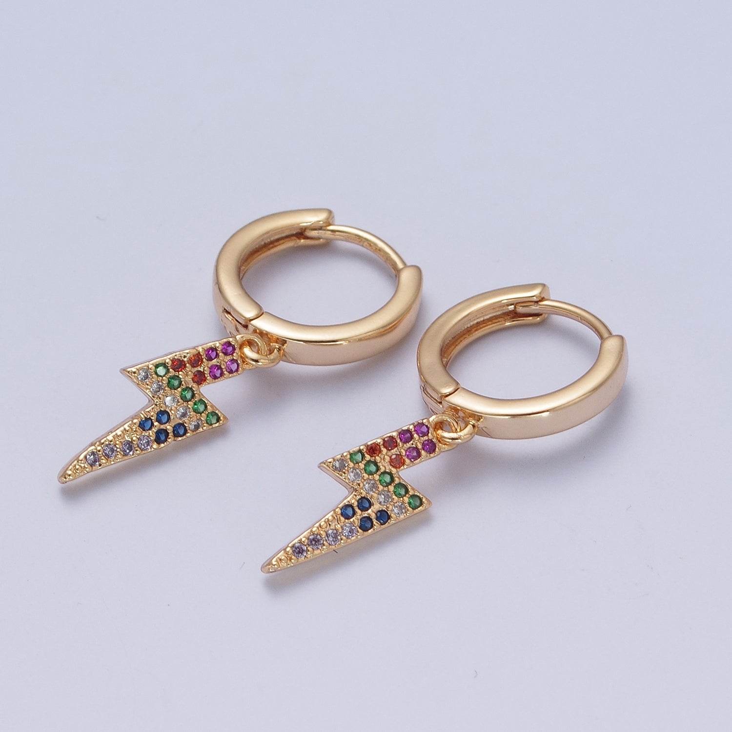 24K Gold Filled Rainbow Micro Pave Thunder Bolt Charm Drop Dangle Earring W725 - DLUXCA