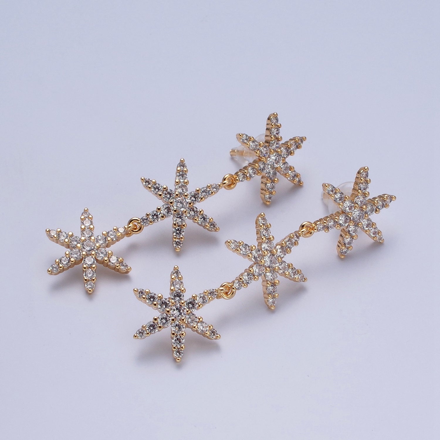 24K Gold Filled Micro Pave Star Dangle Stud Earrings W730 - DLUXCA