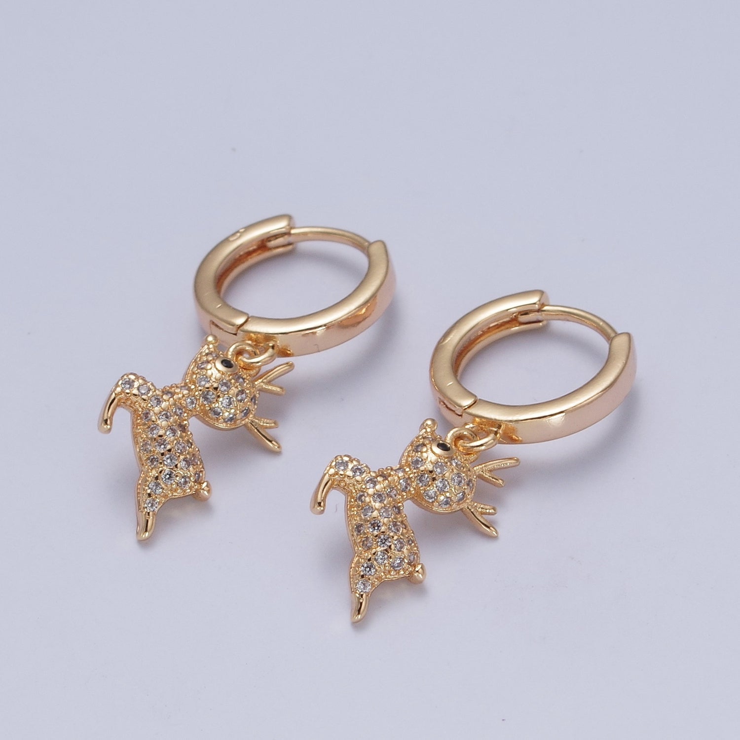24K Gold Filled Micro Pave Reindeer Charm Dangle Huggie Hoops Earrings W734 - DLUXCA