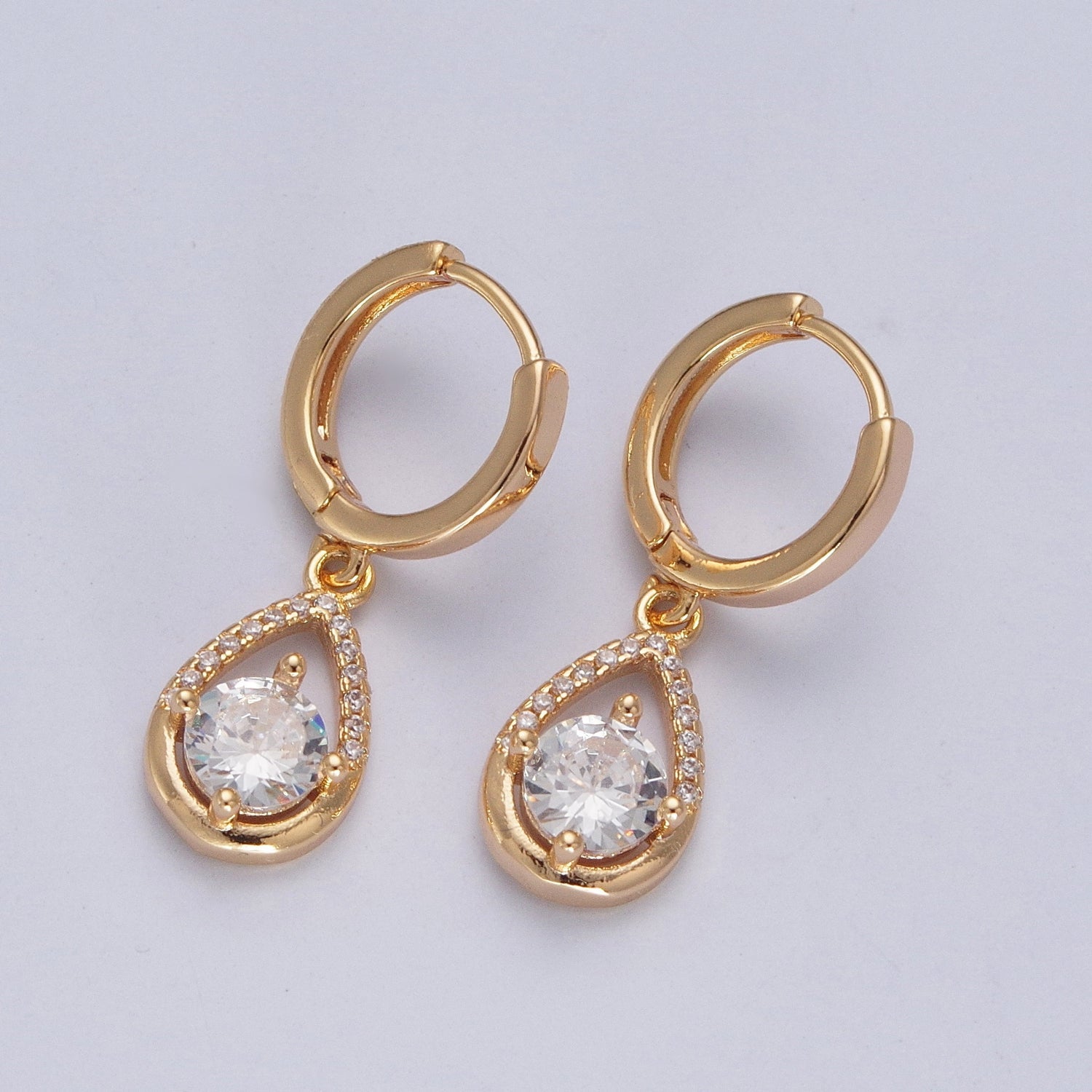 24K Gold Filled Teardrop Clear Cubic Zirconia Charm Dangle, Micro Pave Round CZ Dangle Huggie Hoops Earrings W-741 - DLUXCA