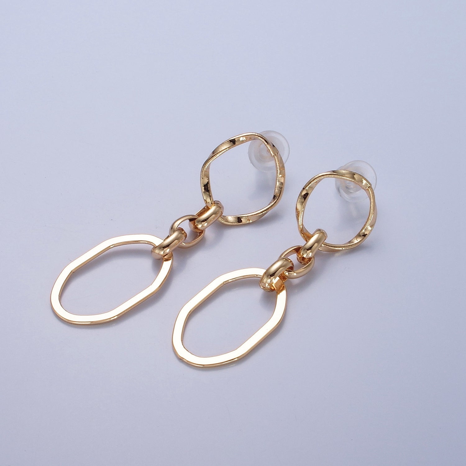 24K Gold Filled Hammered Oval Chain Link Dangle Stud Earrings W744 - DLUXCA
