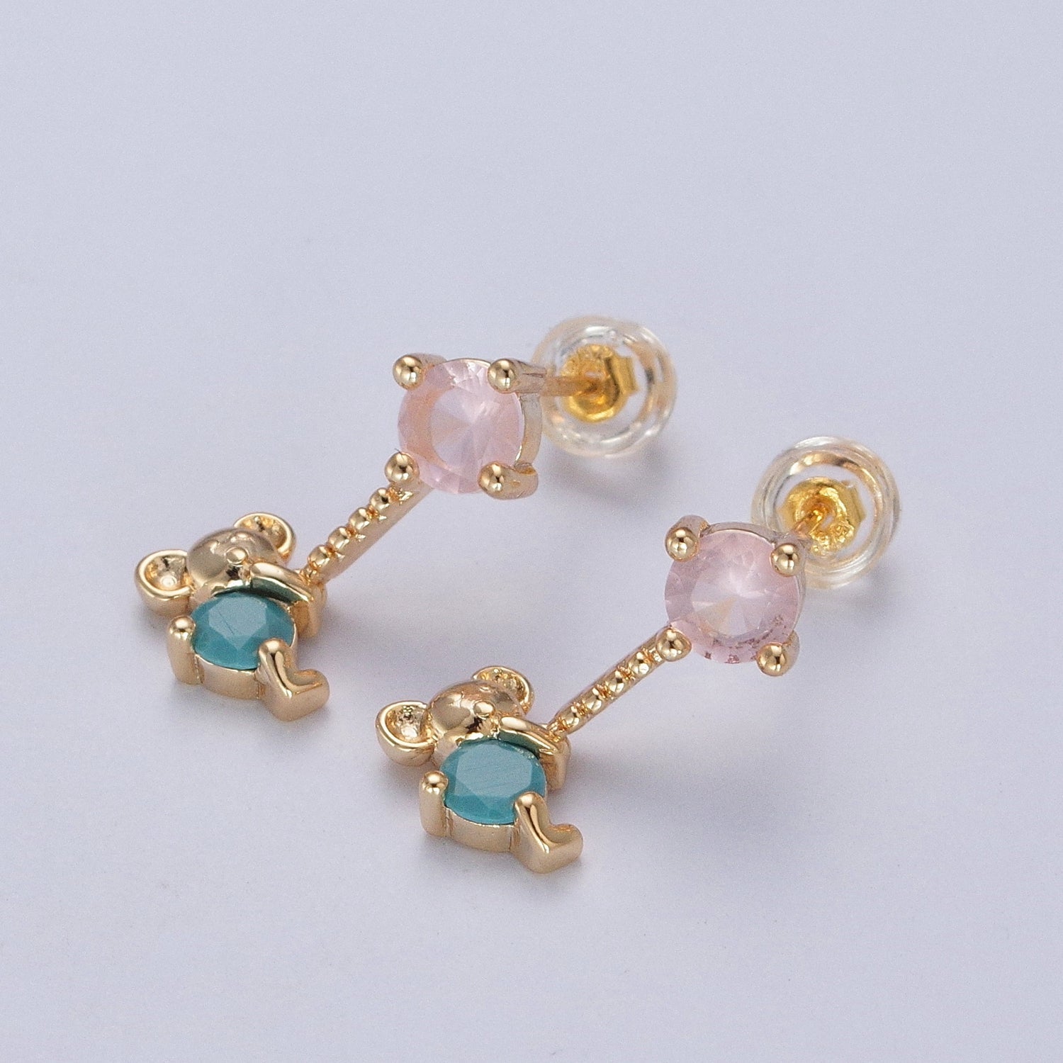 24K Gold Filled Cute CZ Pink Round Studs with Tiny Mouse Blue Cubic Zirconia Charm Dangle W-752 - DLUXCA