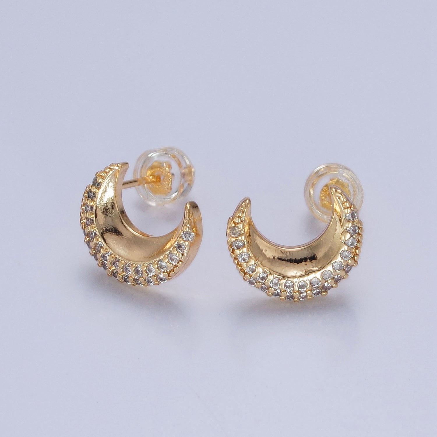 Micro Pave Cubic Zirconia Gold Celestial Crescent Moon Stud Earrings W-774 - DLUXCA