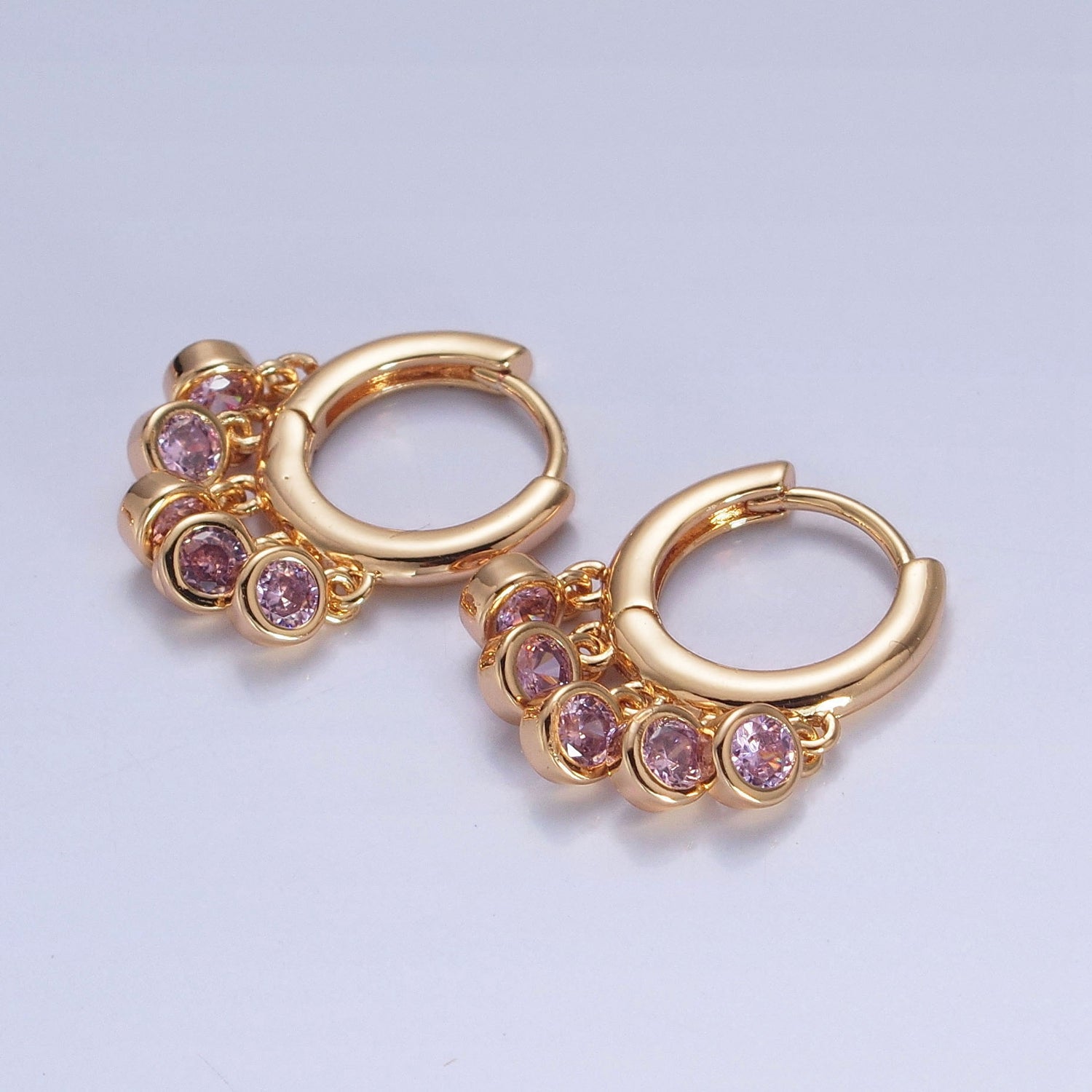 16K Gold Filled Five Round Cubic Zirconia CZ Charm Dangle Huggie Hoop Earrings P155, P156, W775-W780 - DLUXCA