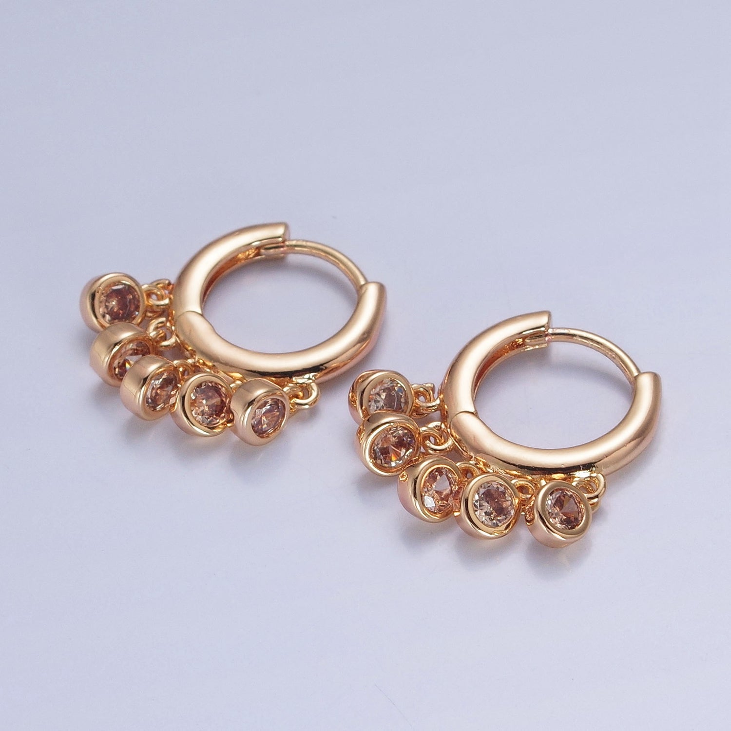 16K Gold Filled Five Round Cubic Zirconia CZ Charm Dangle Huggie Hoop Earrings P155, P156, W775-W780 - DLUXCA