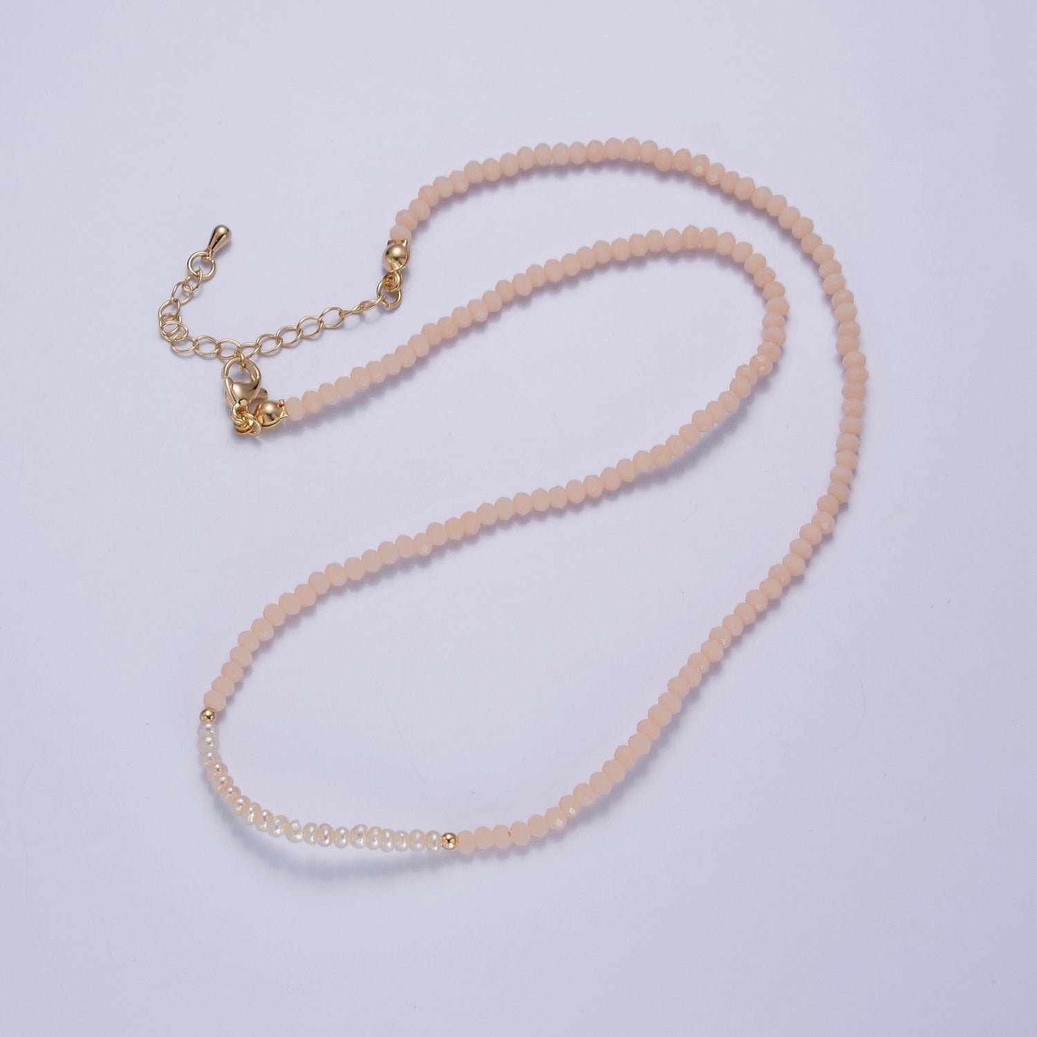 Pastel Color Glass Beaded Necklace Faceted Rondell Beads with Fresh Water Pearl Necklace WA-1039 - DLUXCA