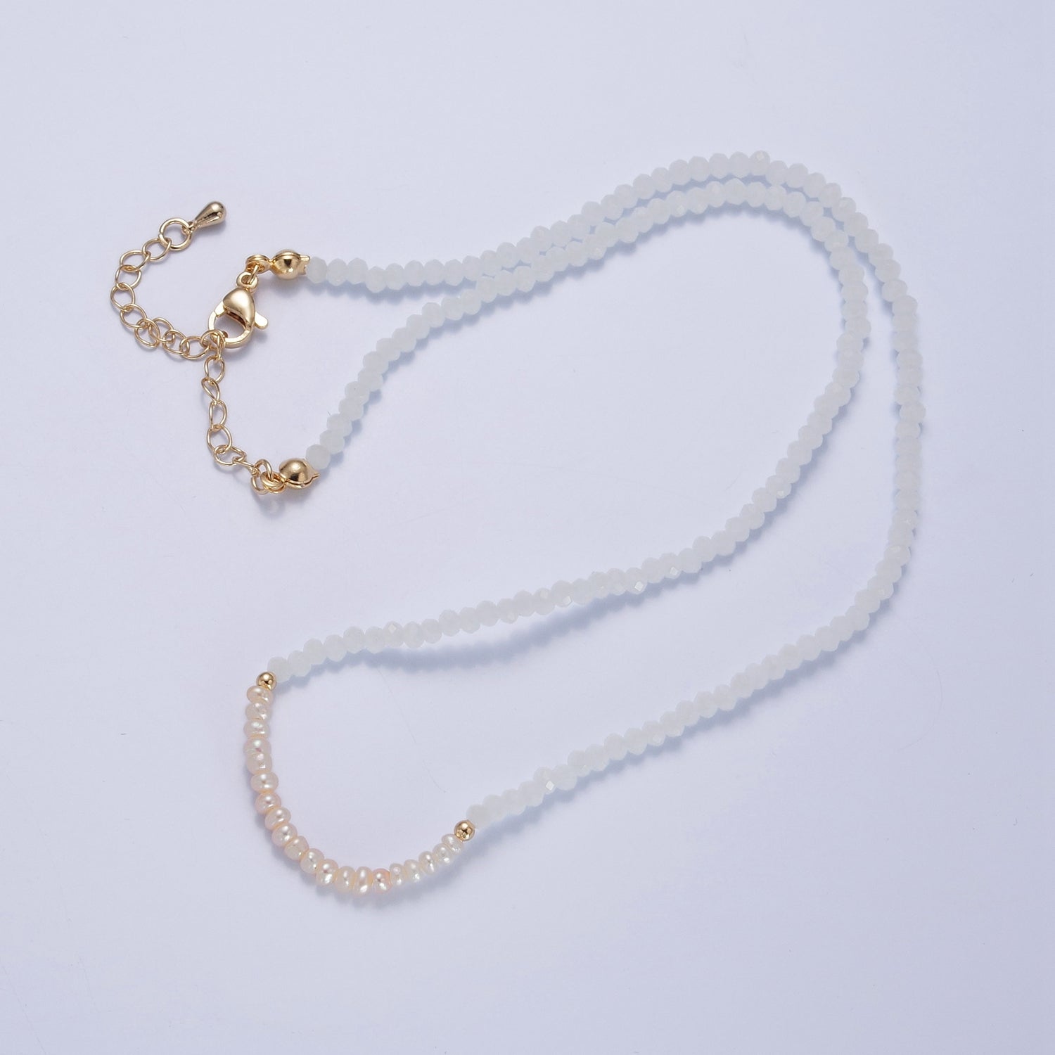 Pastel Color Glass Beaded Necklace Faceted Rondell Beads with Fresh Water Pearl Necklace WA-1039 - DLUXCA