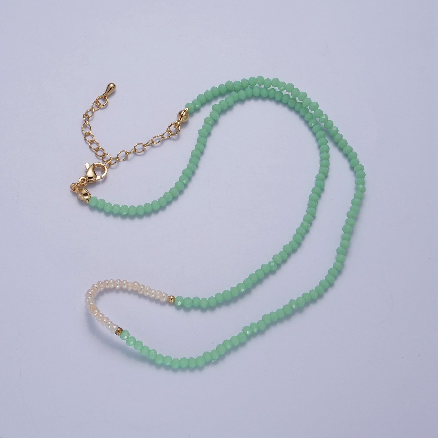 Pastel Color Glass Beaded Necklace Faceted Rondell Beads with Fresh Water Pearl Necklace WA-1039 - DLUXCA