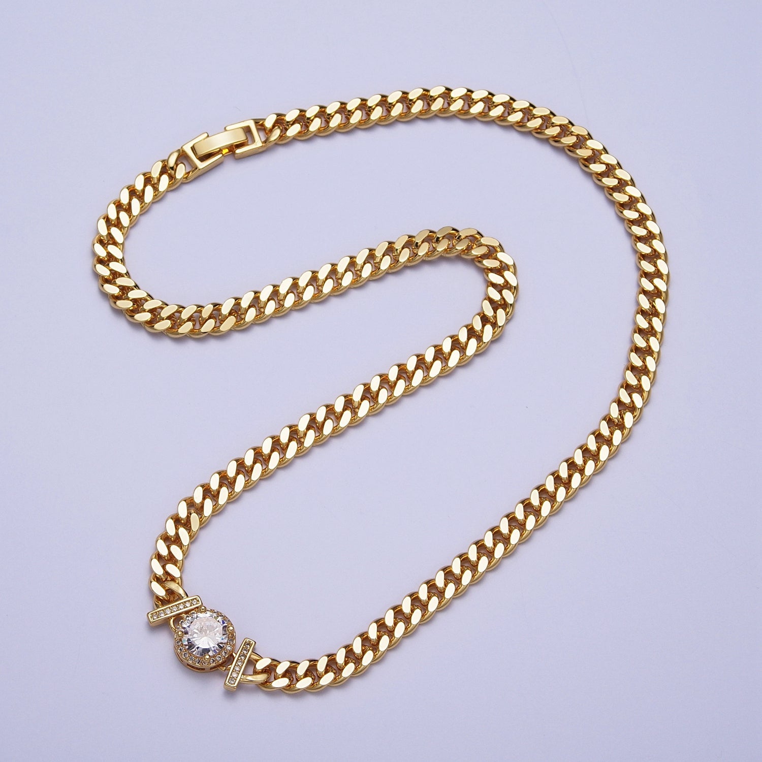 Micro Paved Round Cubic Zirconia Stones Gold Cuban Curb Chain Necklace | WA-1098 -- WA-1104 - DLUXCA