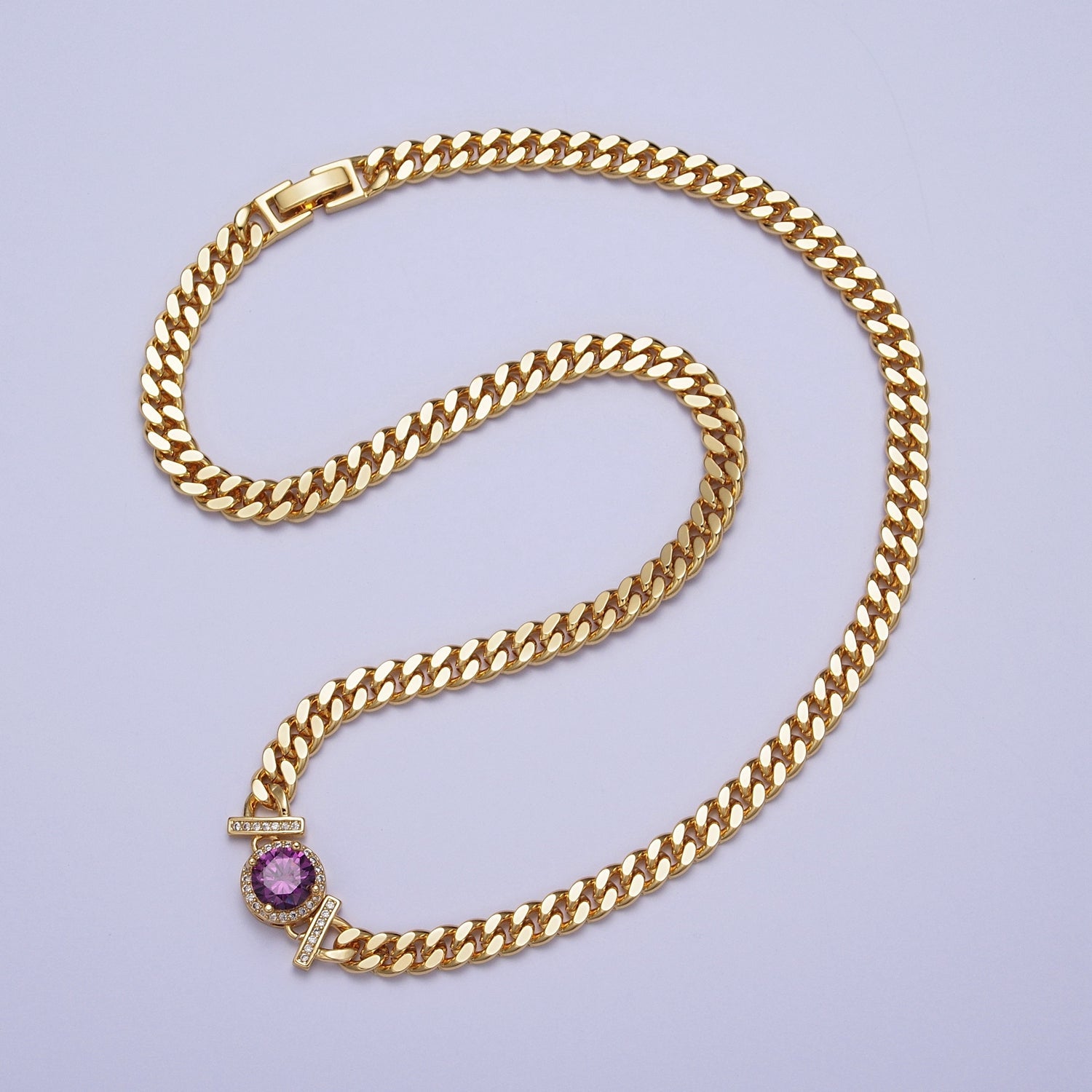 Micro Paved Round Cubic Zirconia Stones Gold Cuban Curb Chain Necklace | WA-1098 -- WA-1104 - DLUXCA