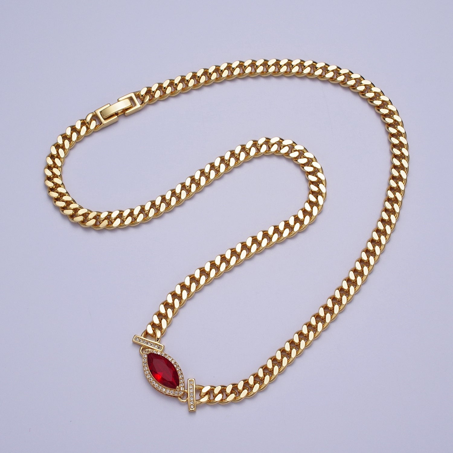 18 Inch Micro Paved Marquise CZ Flat Curb Link Chain Gold Necklace | WA-1209 -- WA1214 - DLUXCA