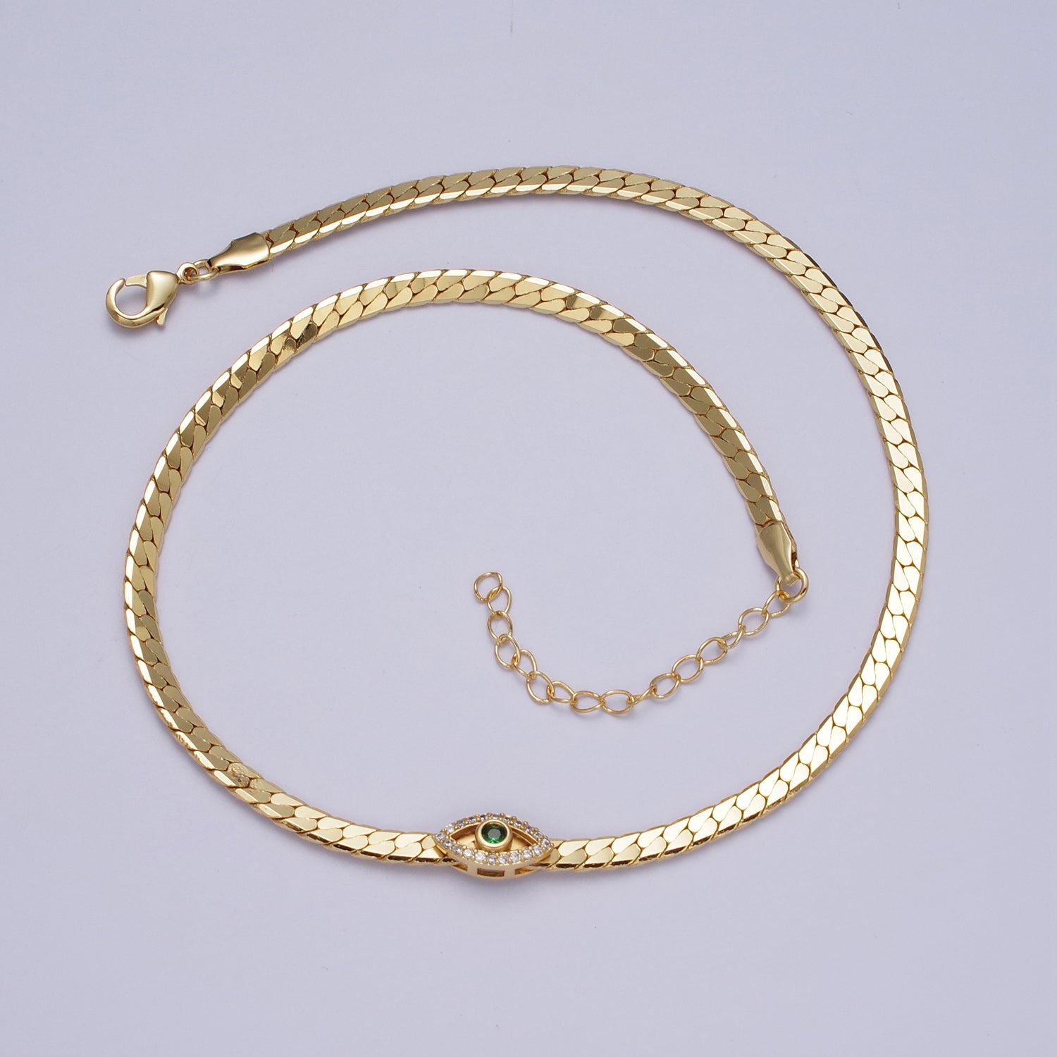 Gold Filled Micro Paved Green Evil Eye Herringbone Snake 15 Inch Choker Necklace | WA-1294 - DLUXCA