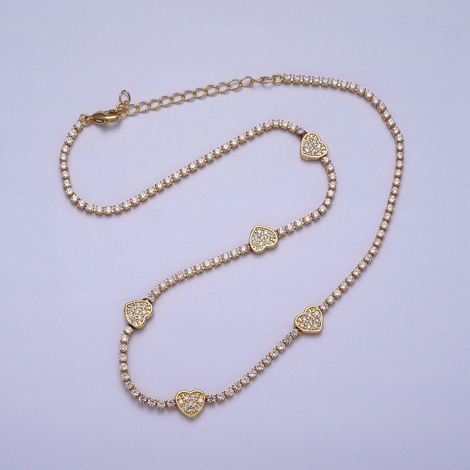Gold Filled Heart Tennis Chain 14 Inch Choker Necklace in Gold & Silver | WA-1307 WA-1308 - DLUXCA