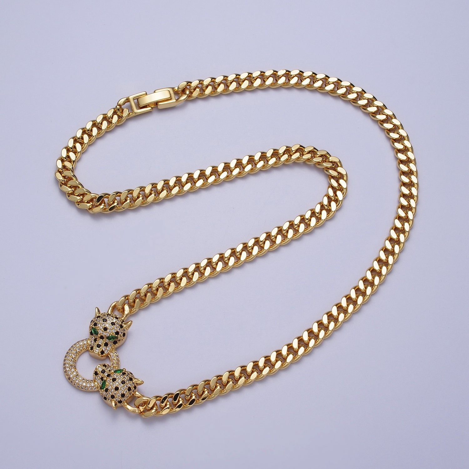 Micro Paved Green Eyed Jaguar Panther 18 Inch Curb Chain Necklace in Gold & Silver | WA-1361 WA-1362 - DLUXCA