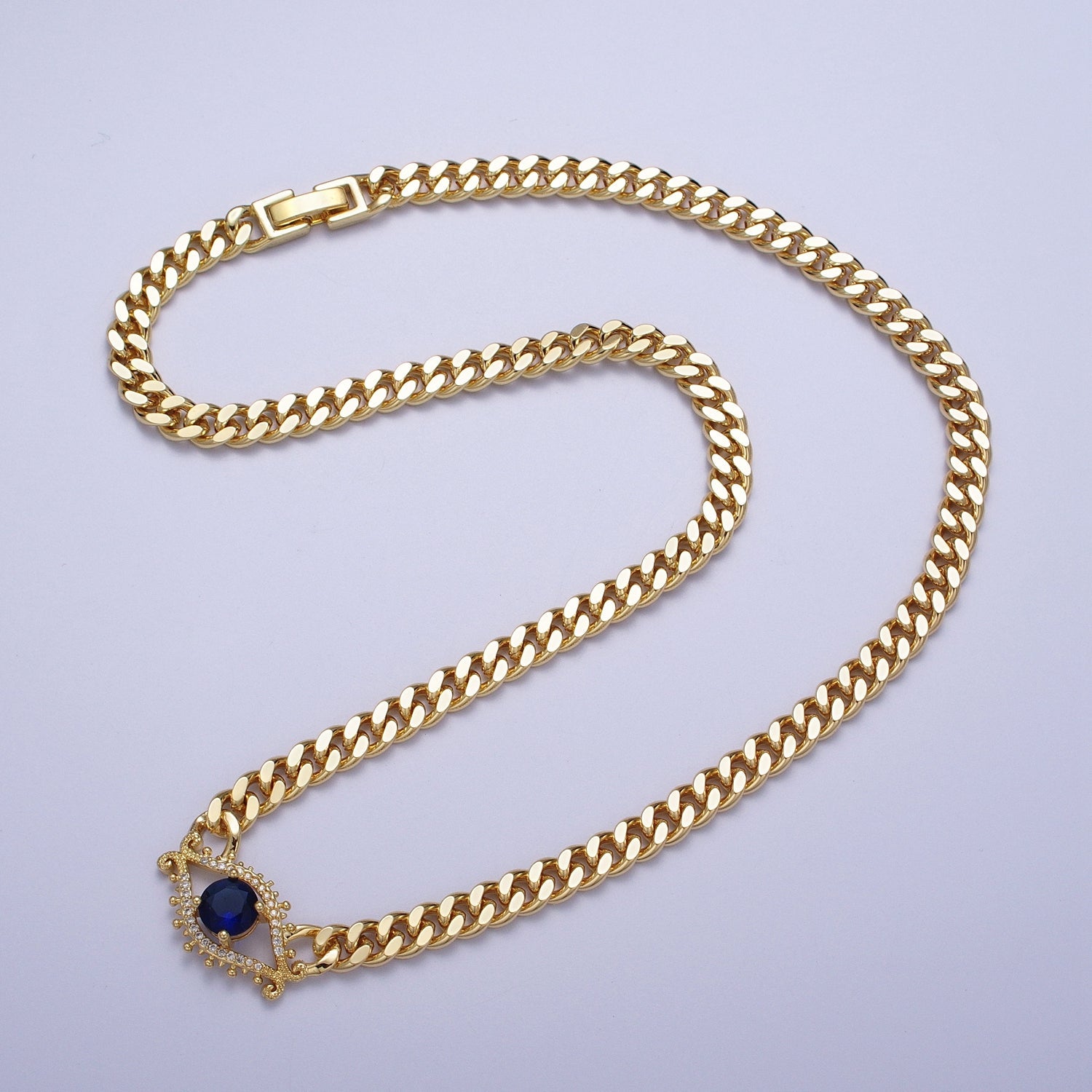 Red, Blue Micro Paved Evil Eye of Ra 18 Inch Gold Curb Chain Necklace | WA-1410 WA-1411 - DLUXCA