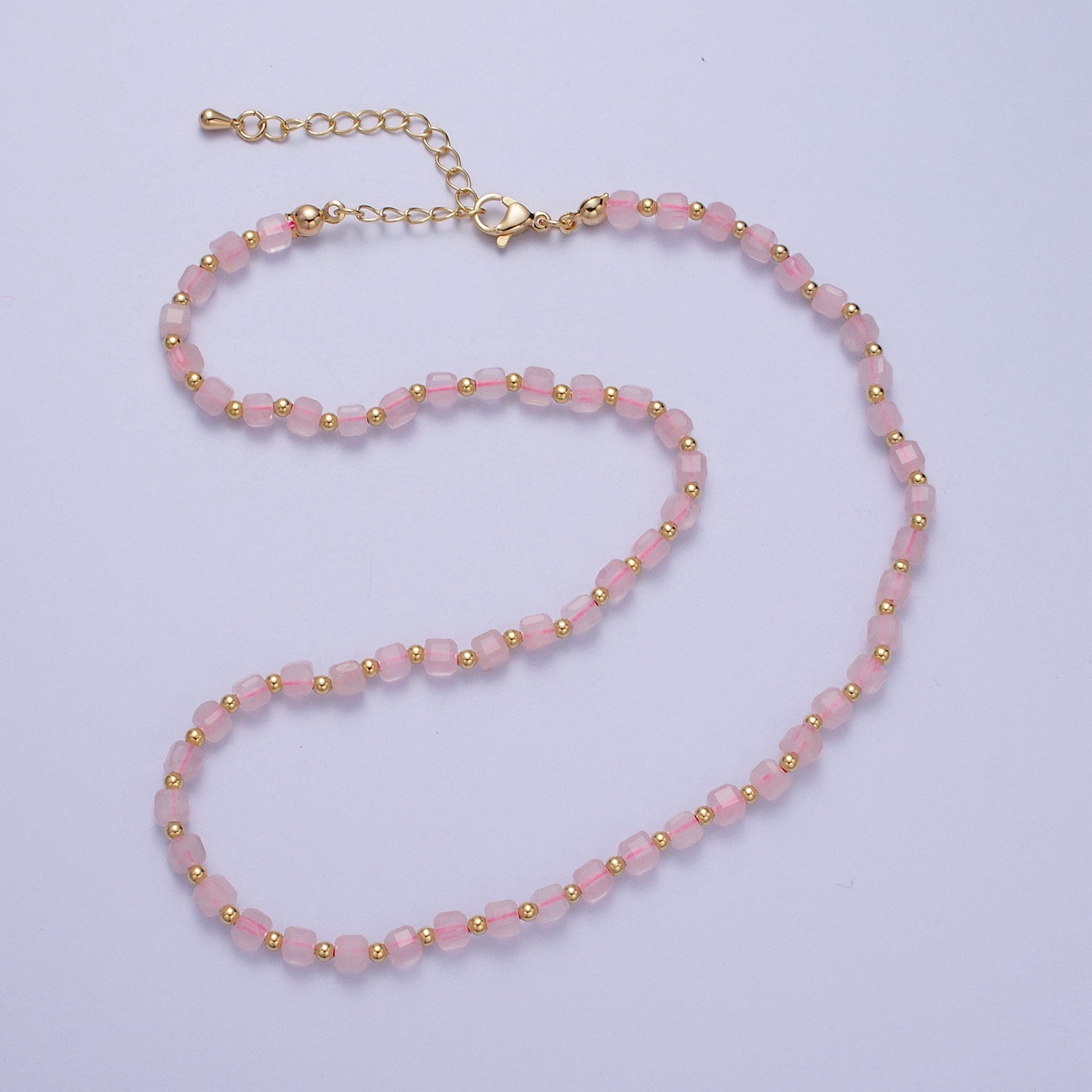 15.5 Inch Natural Pink Rose Quartz Multi Faceted Cube Gemstone w. Gold Bead Choker Necklace | WA-1427 - DLUXCA