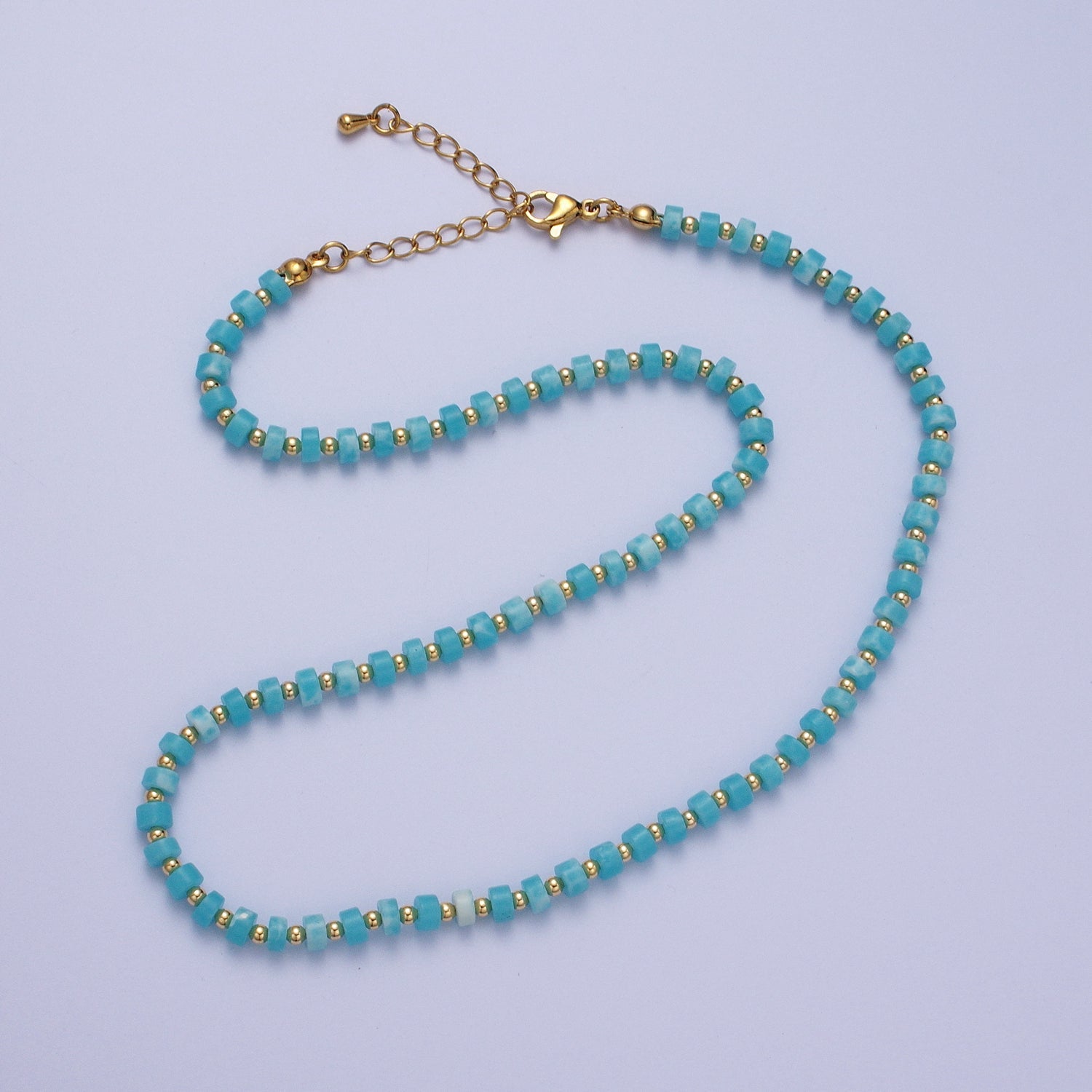 Gold Filled Peruvian Blue Opal Rondelle Heishi Gemstone Gold Spacer Beads 15.5 Inch Choker Necklace | WA-1428 - DLUXCA