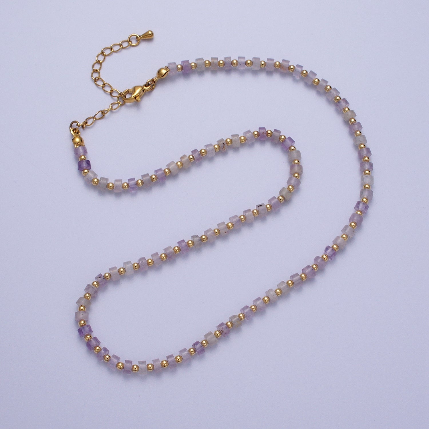 Gold Filled Purple Amethyst Rondelle Heishi Gemstone Gold Spacer Beads 15.5 Inch Choker Necklace | WA-1429 - DLUXCA