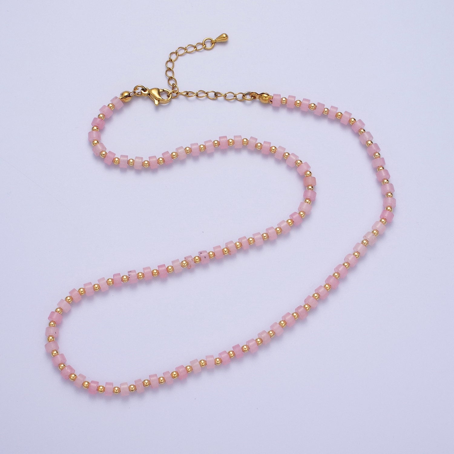 Gold Filled Pink Rose Quartz Rondelle Heishi Gemstone Gold Spacer Beads 15.5 Inch Choker Necklace | WA-1430 - DLUXCA