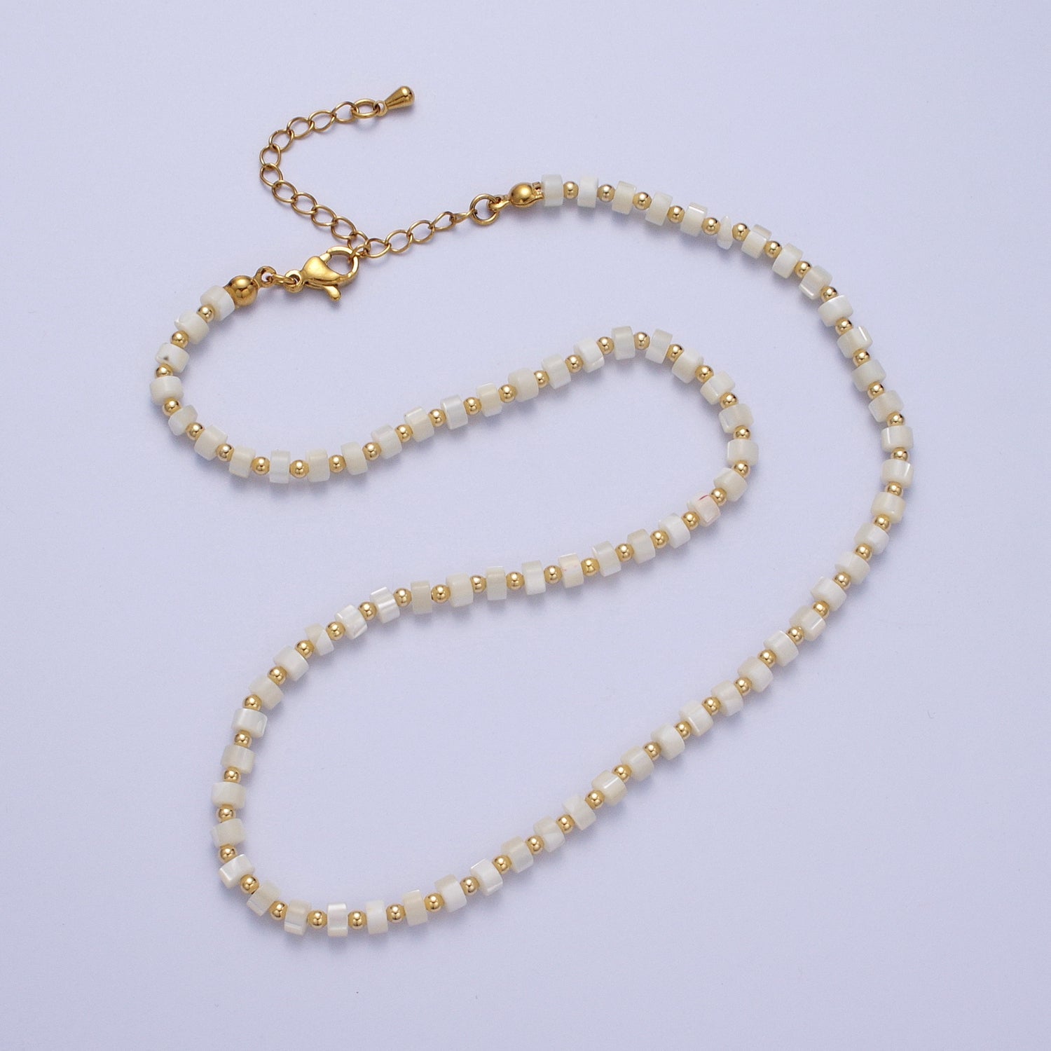 Gold Filled White Shell MOP Rondelle Heishi Gemstone Gold Spacer Beads 15.5 Inch Choker Necklace | WA-1434 - DLUXCA