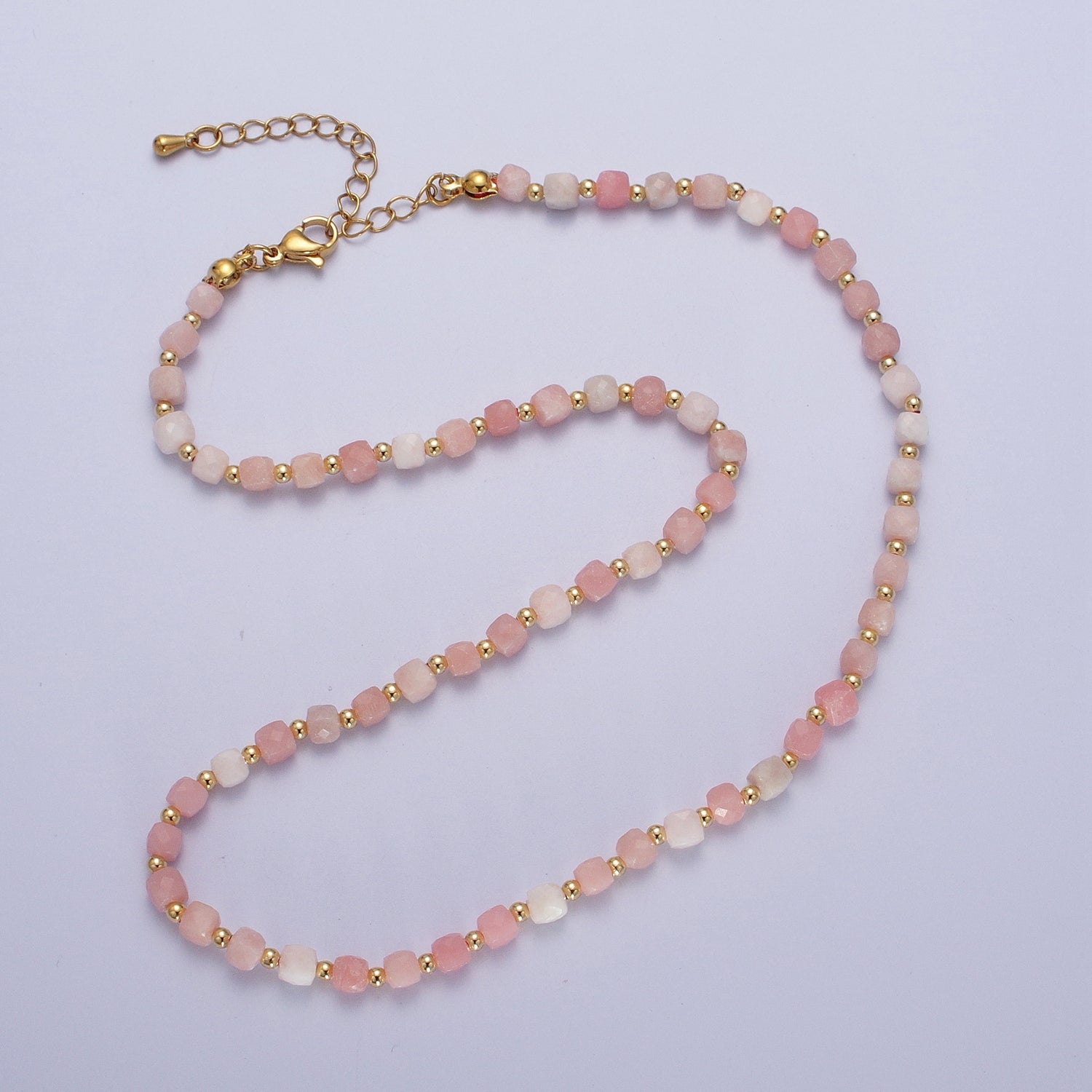 16 Inch Natural Pink Opal Multifaceted Cube Gemstone w. Gold Bead Choker Necklace | WA-1444 - DLUXCA