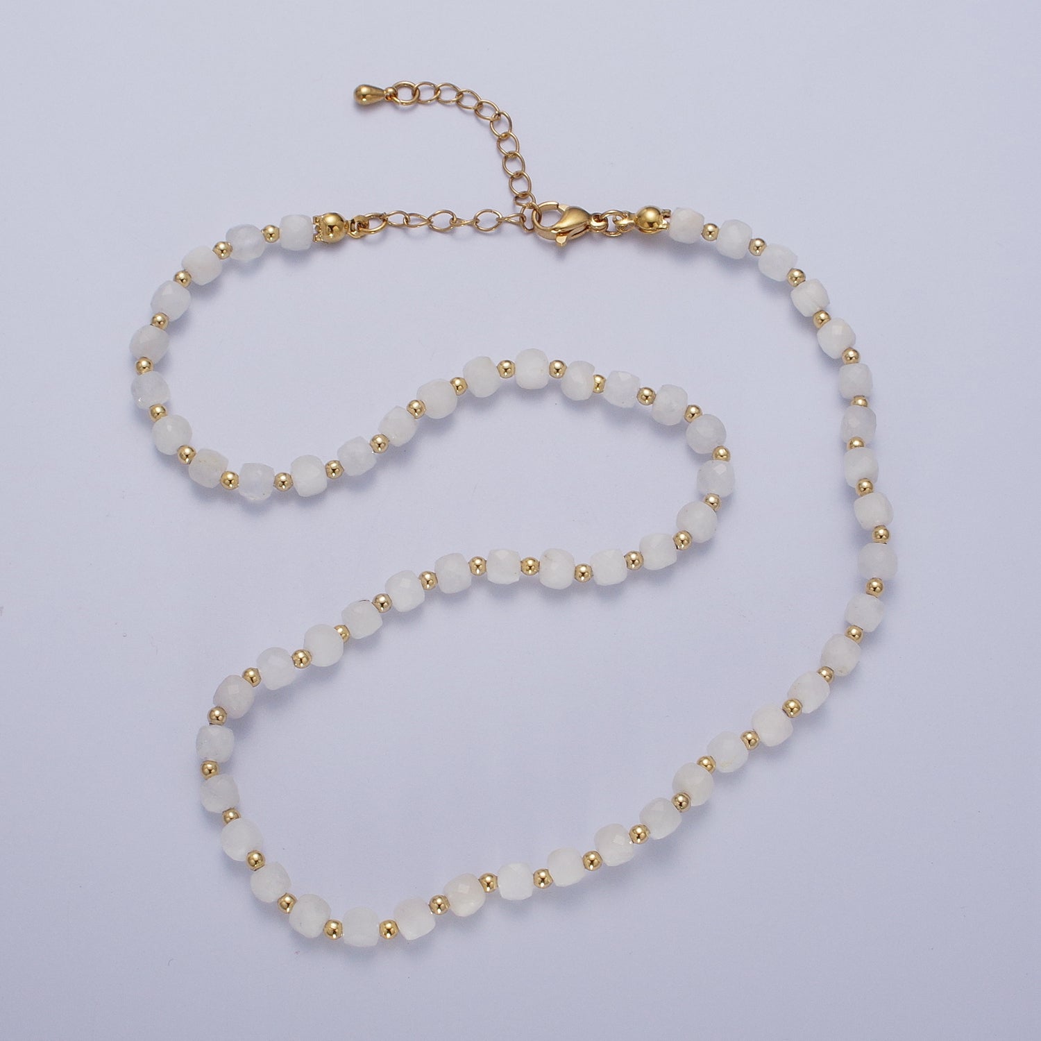 16 Inch Natural White Jade Multi Faceted Cube Gemstone w. Gold Bead Choker Necklace | WA-1445 - DLUXCA