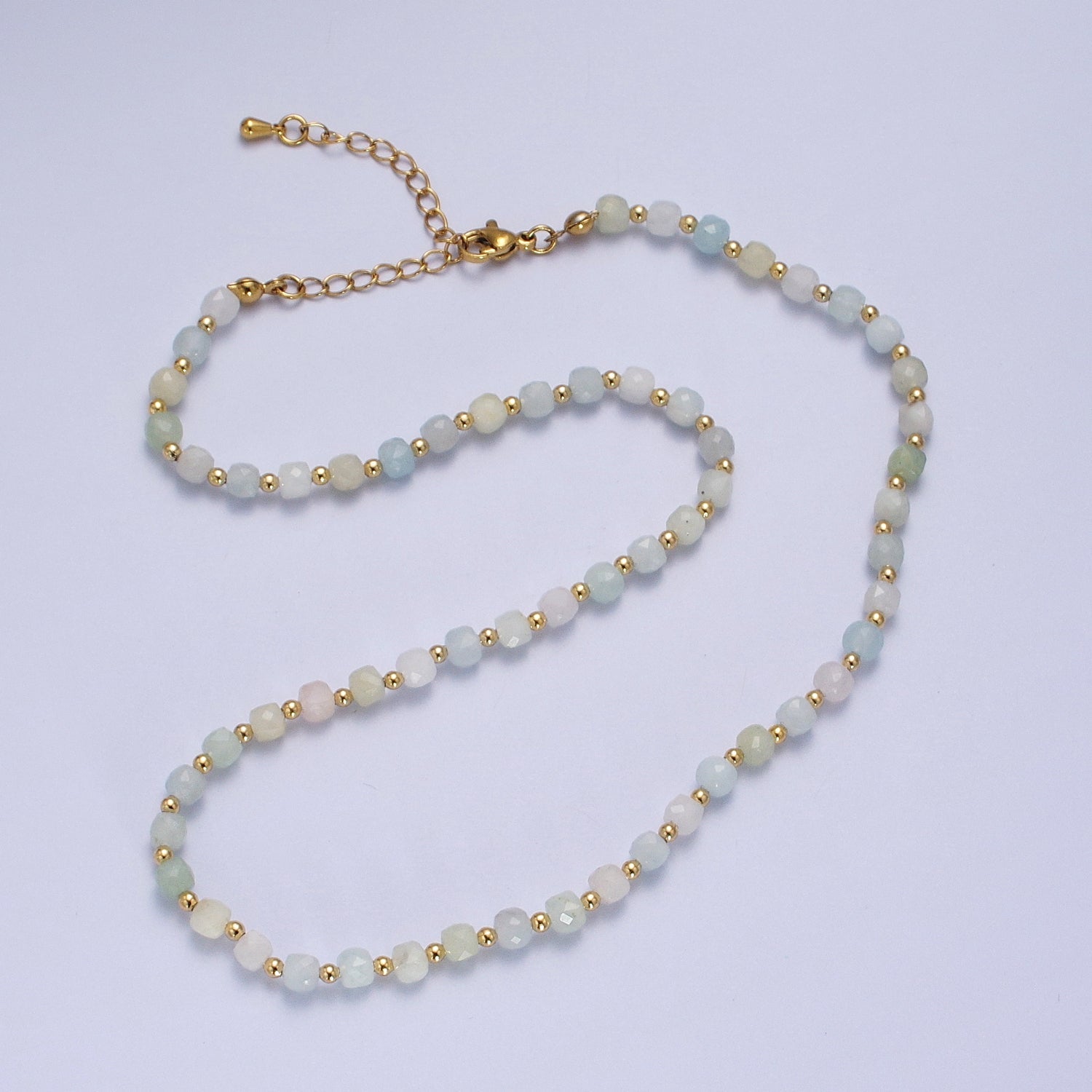 16 Inch Natural Morganite Multifaceted Cube Gemstone w. Gold Bead Choker Necklace | WA-1479 - DLUXCA
